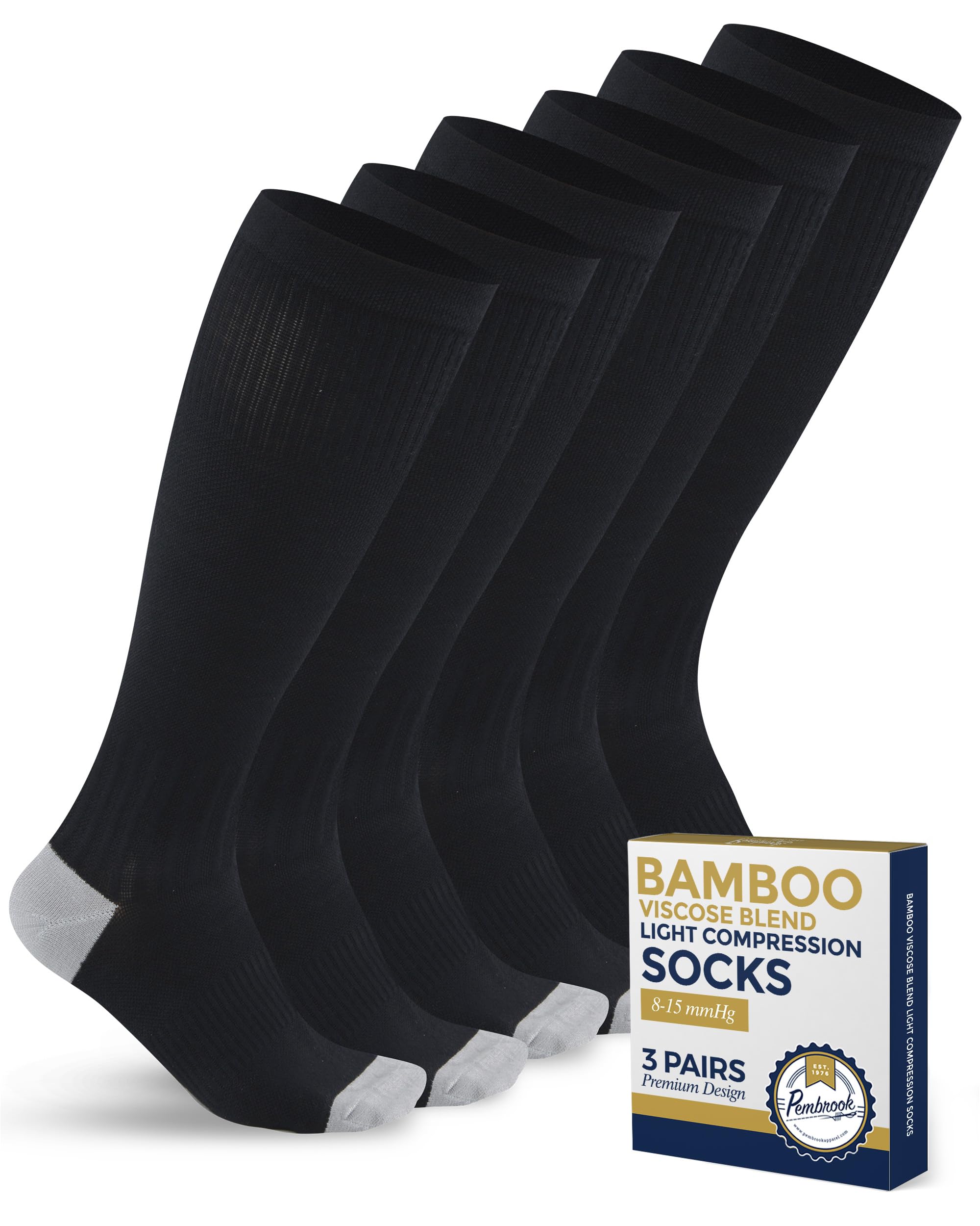 PembrookBamboo Viscose Light Compression Socks - 3 Pairs | 8-15 mmhg Compression Socks | Knee High Comfort Support Socks