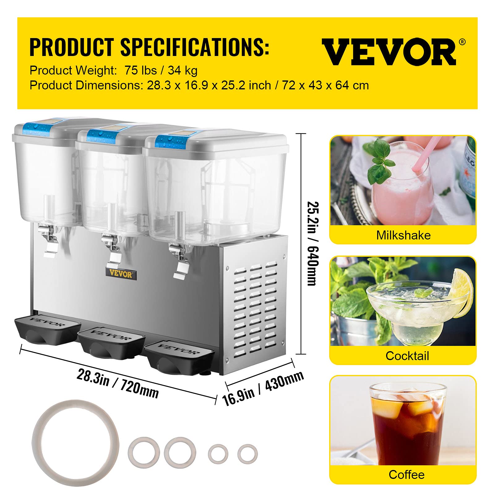 VEVOR 110V Commercial Beverage Dispenser,14.25 Gallon 54L 3 Tanks Juice