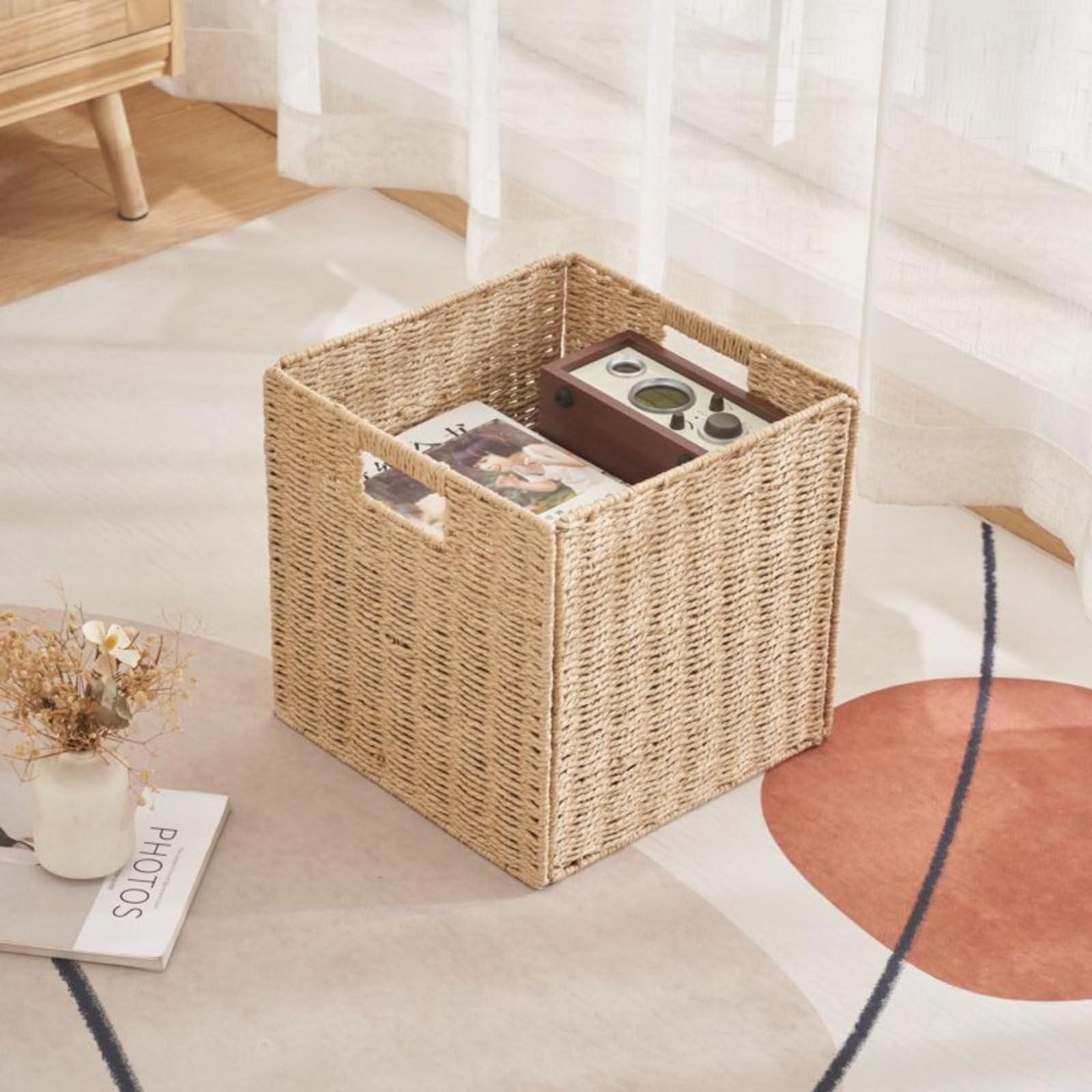 Cesto portaoggetti da 25 x 25 x 25 cm, organizer in stile vimini con manici, scatola portaoggetti decorativa durevole ed ecologica per bagno, camera da letto, soggiorno