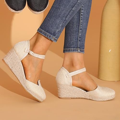 Miniatura 2 de Womenyiaor Sandalias de punta cerrada para mujer, alpargatas para mujer, cuñas con punta cerrada, sandalias de verano con correa al tobillo,