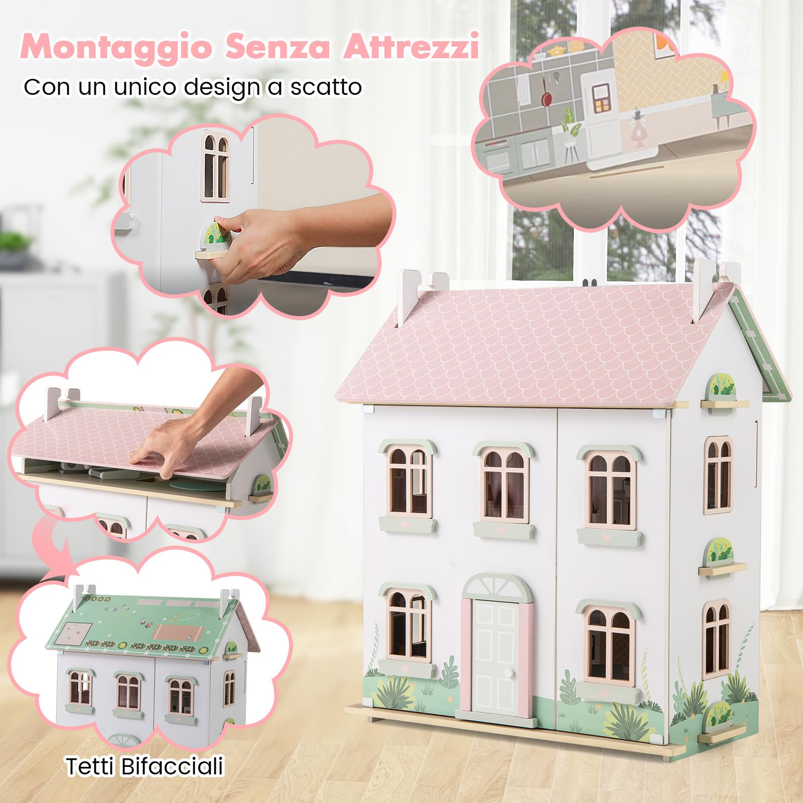 RELAX4LIFE Casa delle Bambole in Legno per Bambini con 3 Livelli, 5 Stanze，Balcone, Tetto Bicolore, Pannello Anteriore Aprile,55 x 33,5 x 66 cm, Rosa
