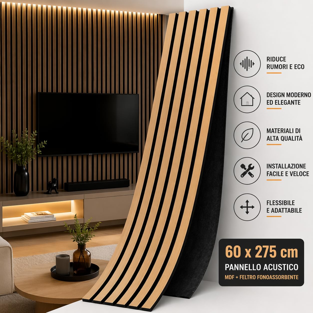 FUTURAzeta-Pannelli Acustici Decorativi in MDF 60x275 cm finitura TEAK– Doghe Flessibili Fonoassorbenti – Rivestimento Parete Design Moderno – Riduce Eco e Rumore – Facile Installazione