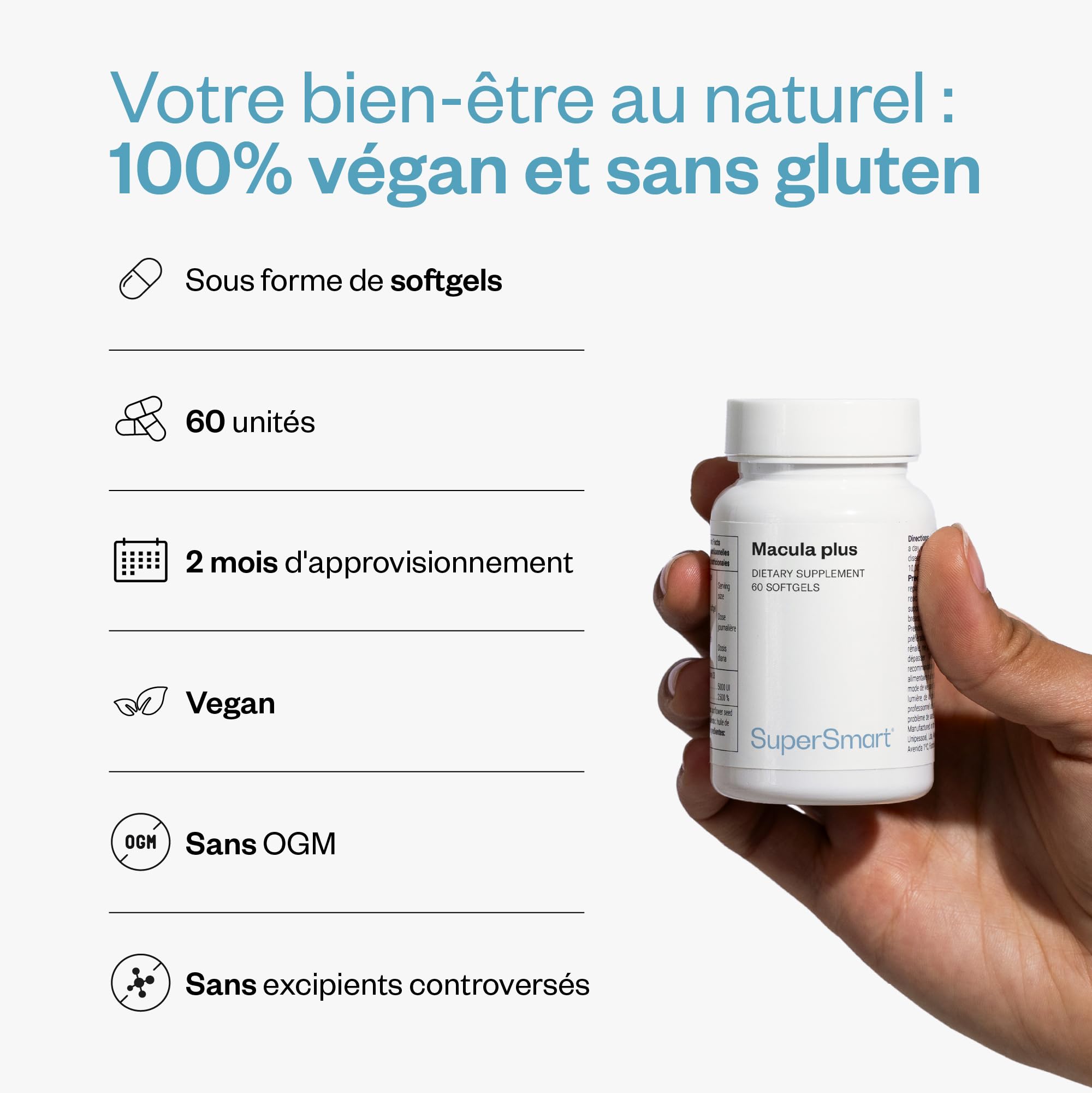Macula Plus - Complément alimentaire pour la Vision - Soutien de la Macula - Santé Oculaire - Fatigue Oculaire - Lutéine et Zéaxanthine – 60 softgels – SuperSmart