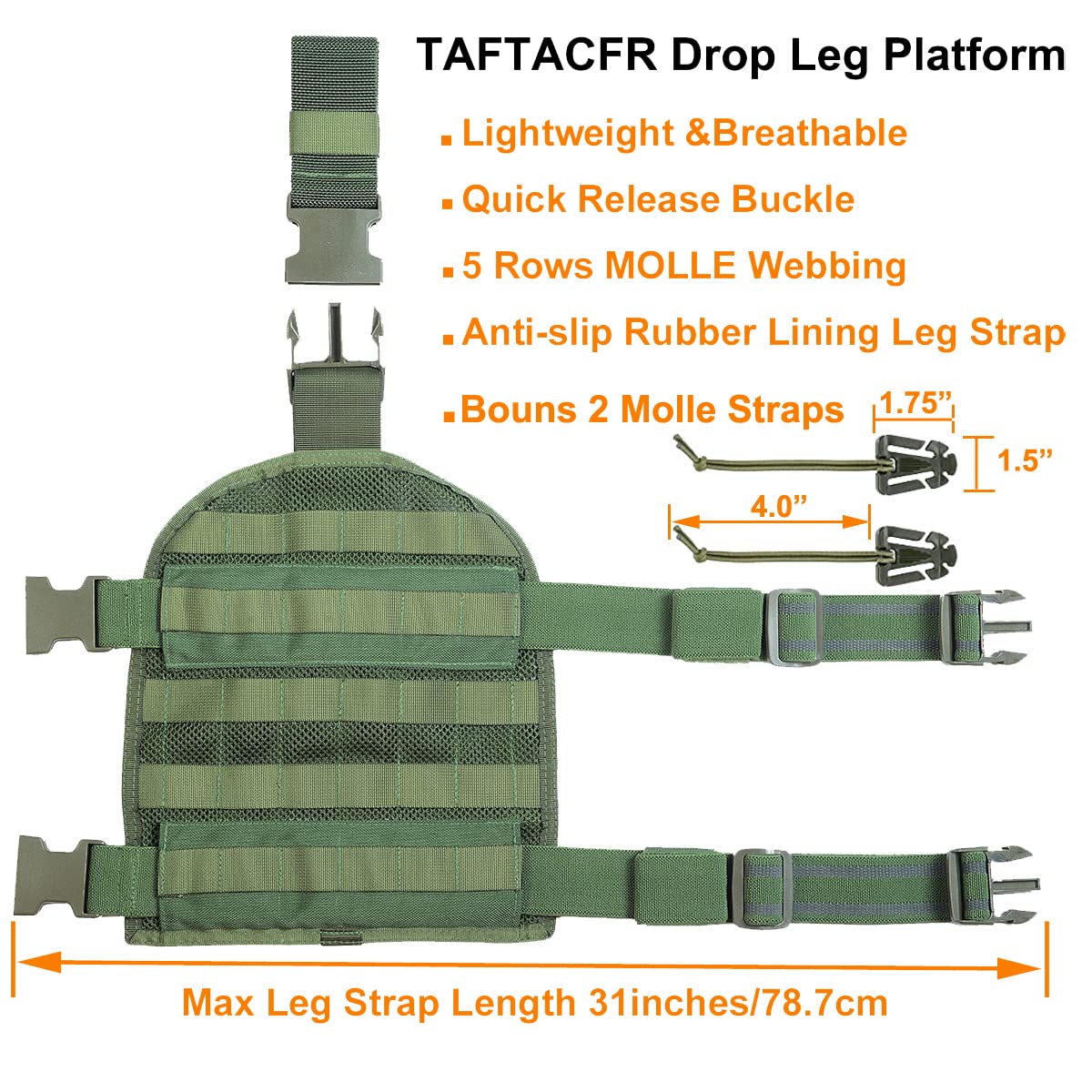 TAFTACFR Tactical Heavy Duty Mesh MOLLE Drop Leg Platform Universal Drop Leg Panel with Adjustable Belt & Thigh Straps (Ranger Green)