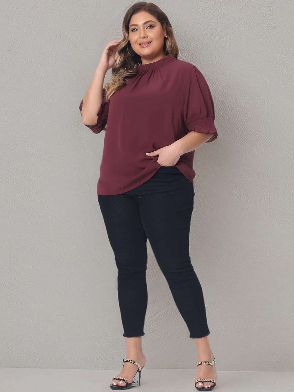 Agnes Orinda Women's Plus Size Summer Work Shirt Top Ruffle Mock Neck Puff Short Sleeve 2025 Casual Blouses - Image 6