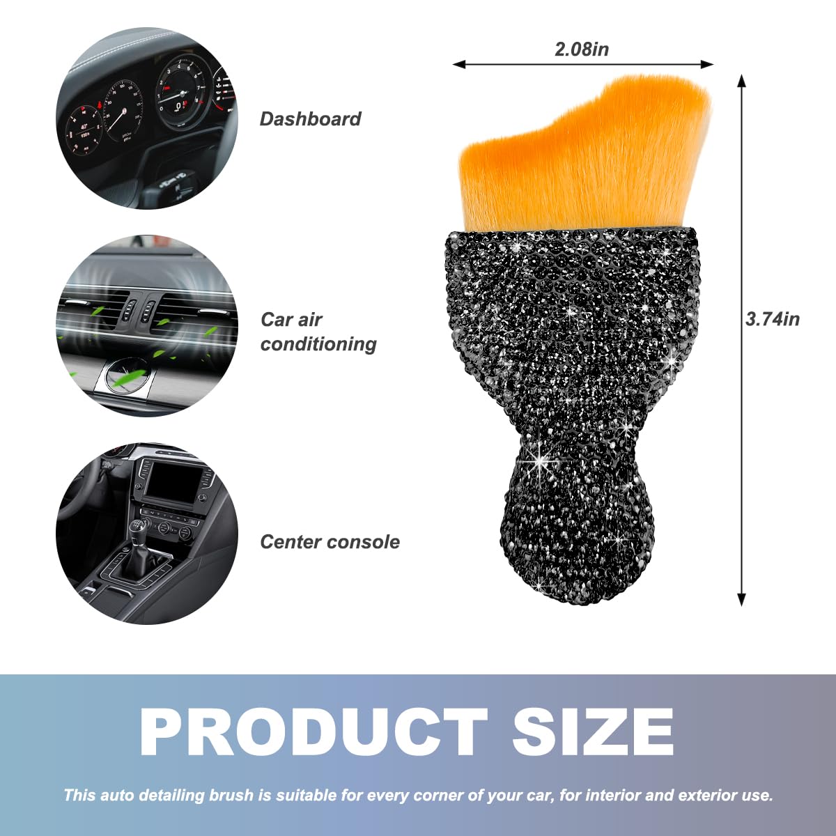 DXNQ Car Interior Detailing Brush, Soft Bristles Car Cleaning Brush with Bling Handle, Dust Removal Brush with Diamond for Car Dashboard Air Conditioning Vents, Car Accessories (Black)
