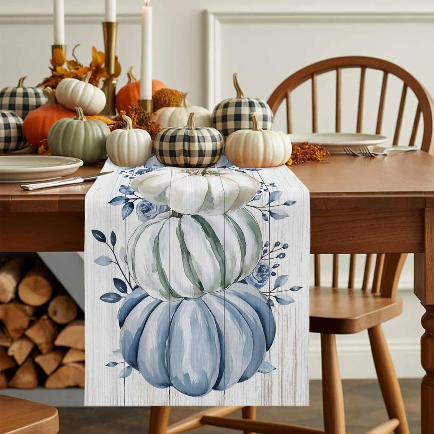 Fall Table Runner Blue Pumpkin Table Runners Harvest Thanksgiving White Blue Pumpkins Wooden Cotton Linen Dresser Scarf Kitchen Dining Table Decor for Autumn Holiday Party Coffee 13x108 Inch