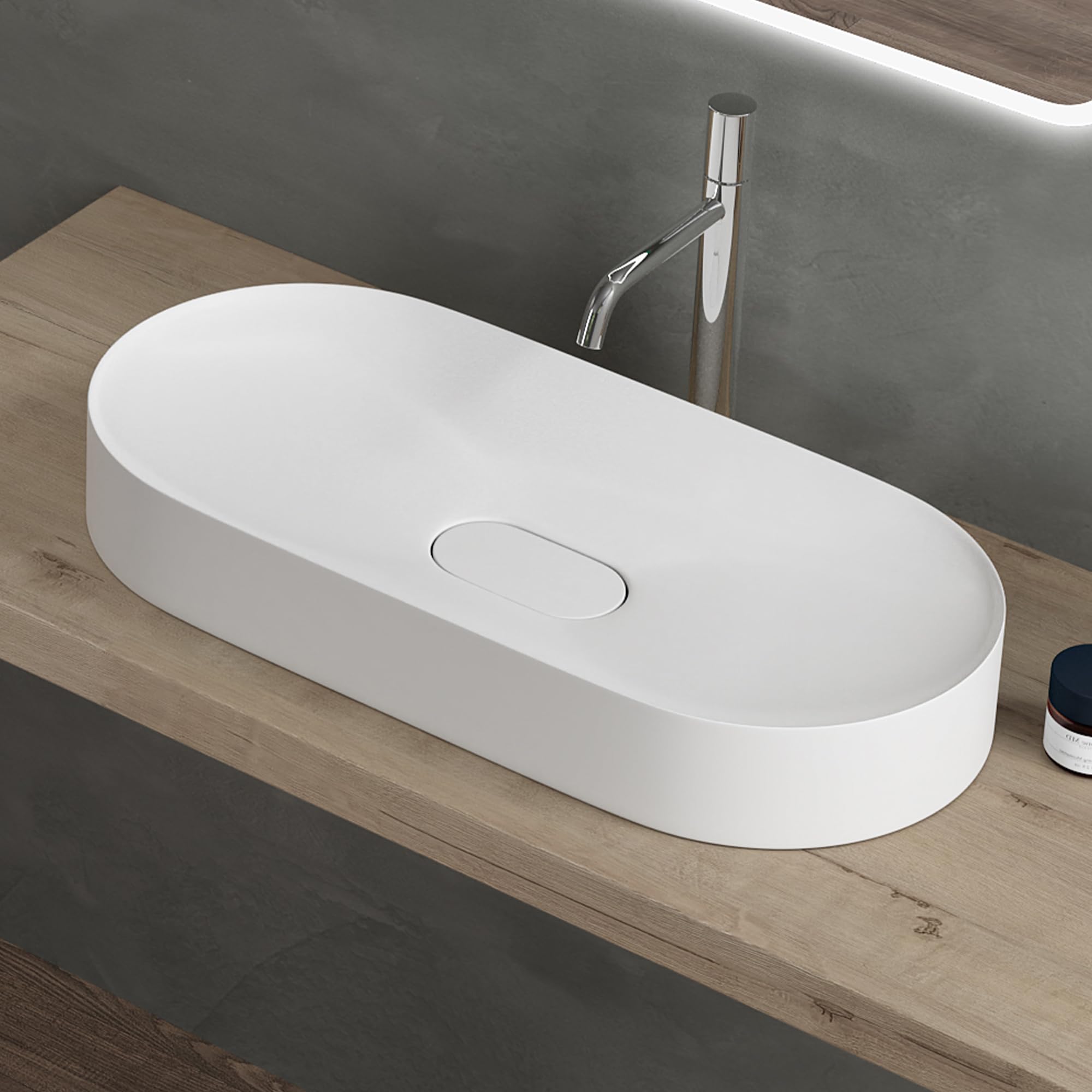 doporro Lavabo da Appoggio Lavandino Bagno 70 cm in Resina Minerale Bianco Opaco Effetto Loto, Senza Foro Rubinetto Colossum826