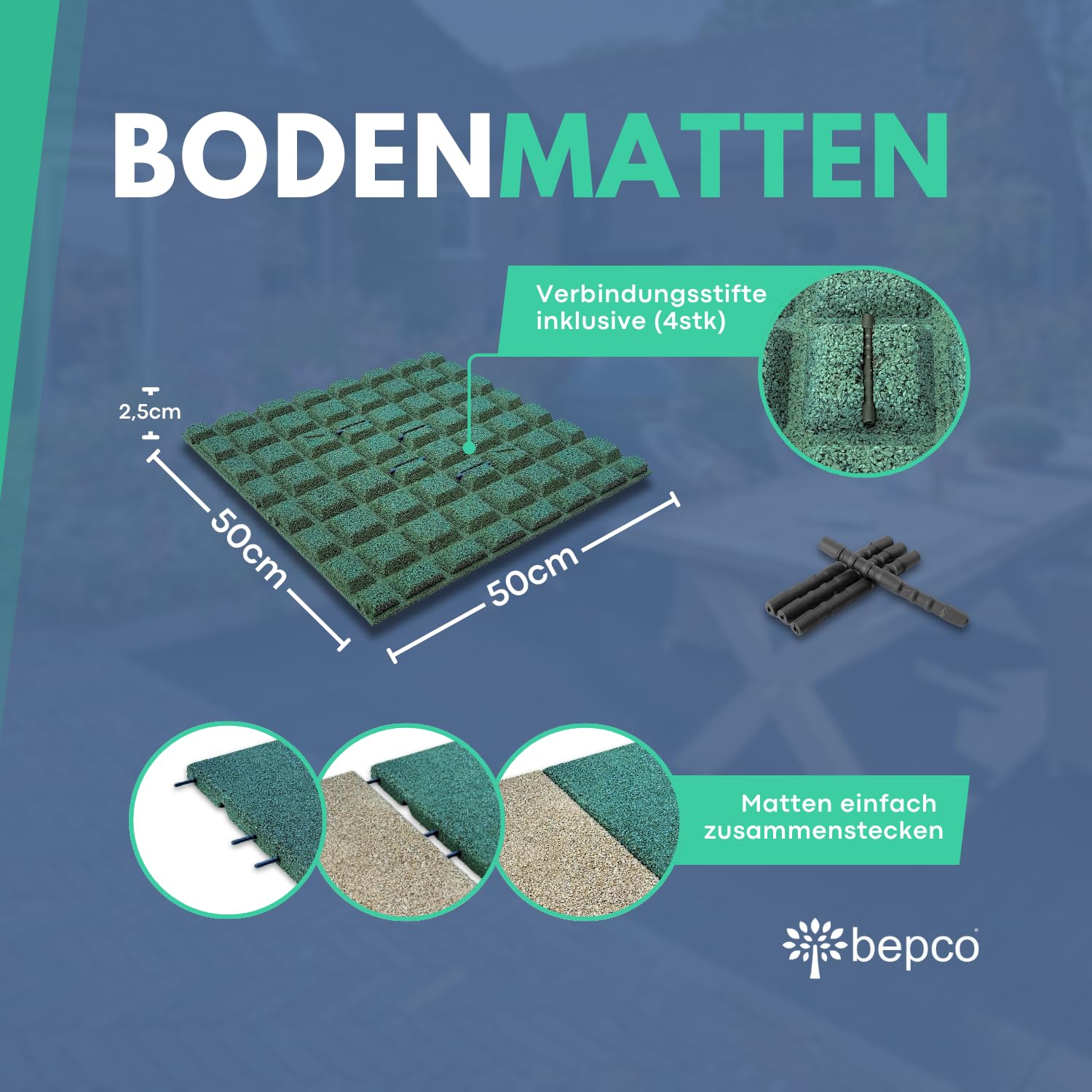 bepco Set di 4 tappetini in gomma, ammortizzanti e antiscivolo, con 16 perni di collegamento, in gomma riciclata, per viali/terrazze/giochi e impianti sportivi (grigio, 50 x 50 x 2,5 cm)