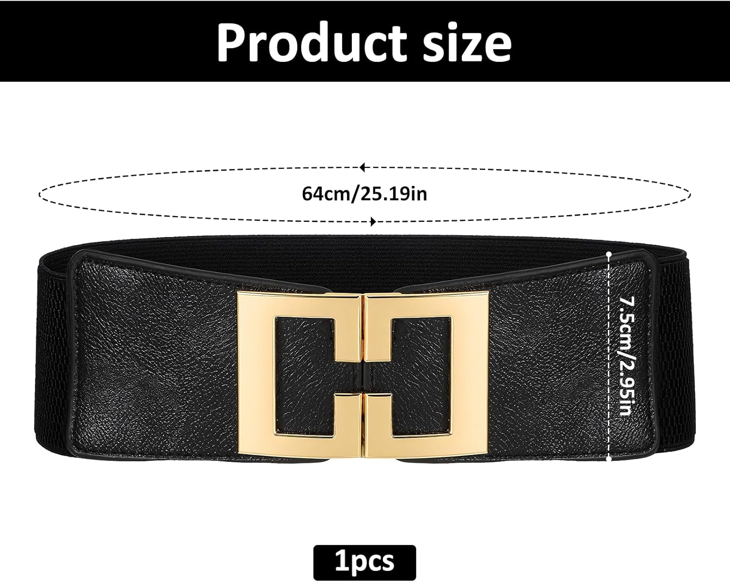 Women's Wide Elastic Belt for Dresses,Fits Waist 23"-32" Fashion Stretchy Waist Belt with Gold Buckle, Black - Image 2