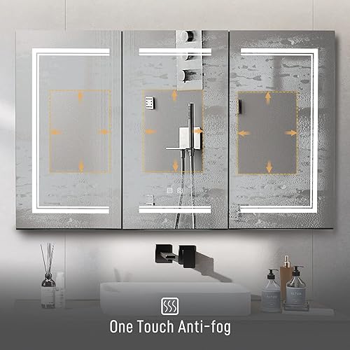 Miniatura 3 de Karl home Botiquín de baño de 3 puertas de 48 x 28 pulgadas con espejo LED armario de baño regulable montado en la pared de 3 colores con estantes