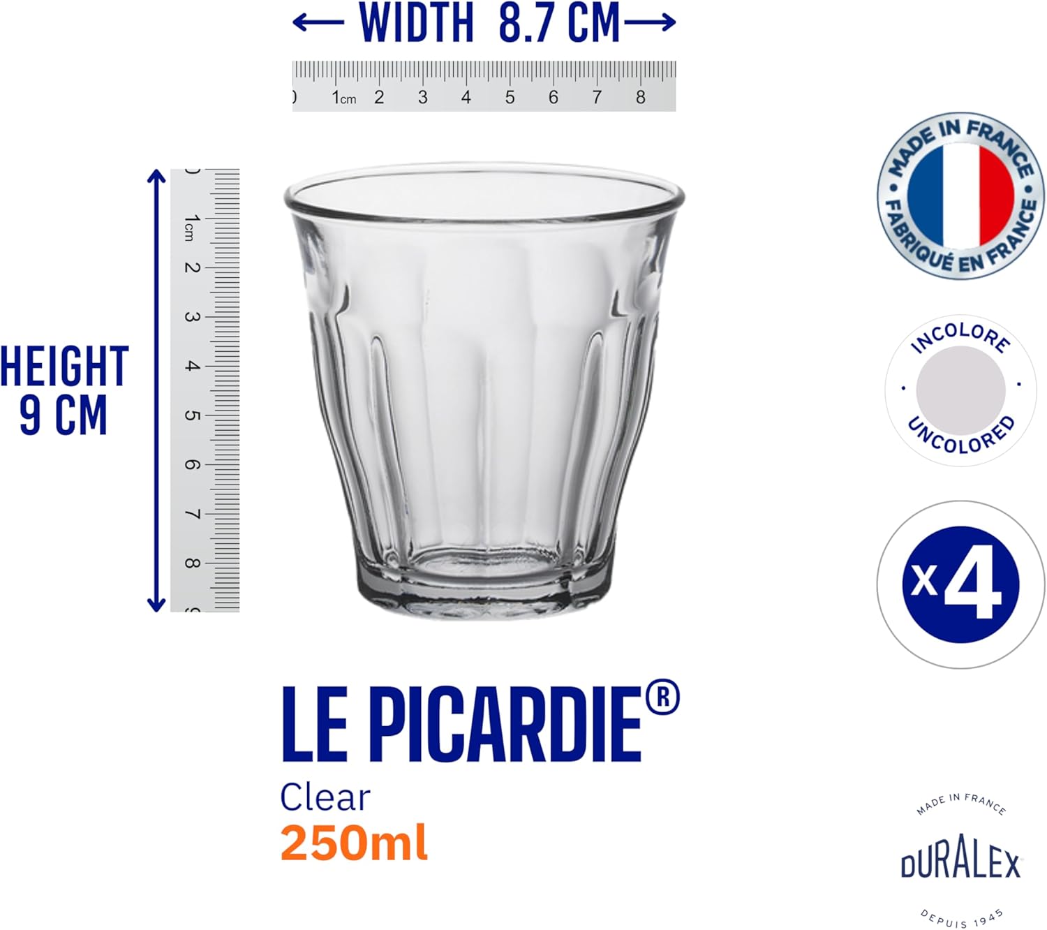 Duralex Picardie 1027AC04 Set of 4 Transparent Glass Tumblers, 25 cl