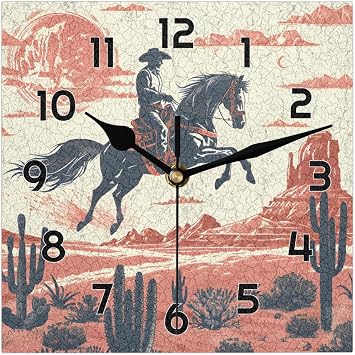 Retro Western Cowboy Wall Clocks Silent Non-Ticking Square Clocks Battery Operated Decorative Desk Clock Modern Rustic Wall Clock for Home Kitchen Bedroom Bathroom Office 12 Inch