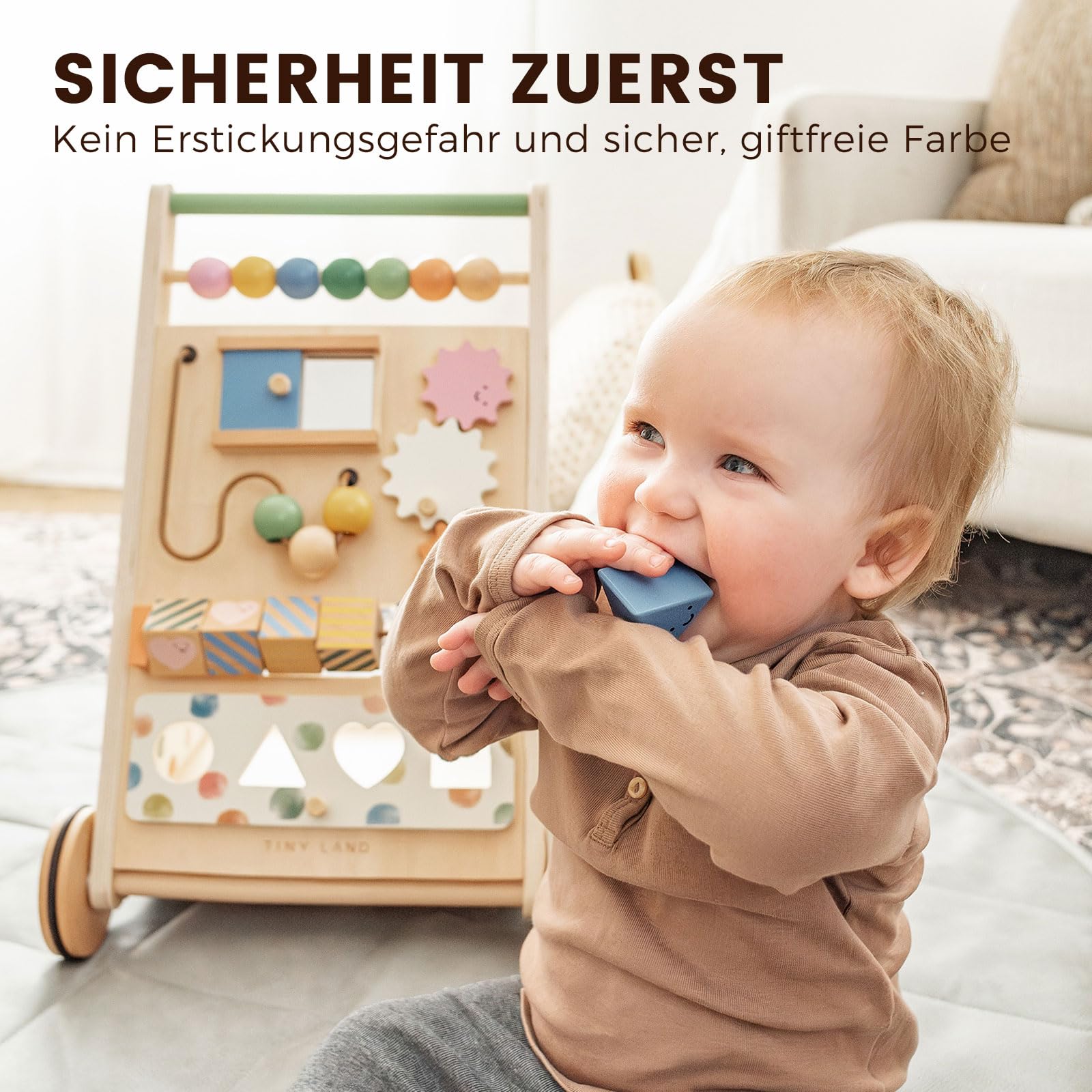 Tiny Land Lauflernwagen Holz Baby Walker - Lauflernhilfe ab 1 Jahr | Laufwagen mit Bremse & Einstellbarer Geschwindigkeit für Jungen & Mädchen, Gehhilfe und Baby Aktivitätscenter
