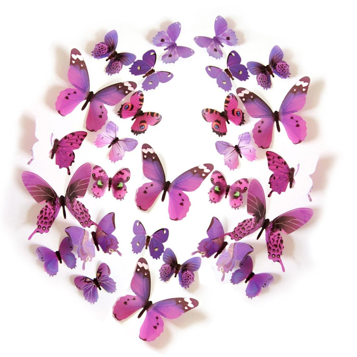 Kids' Wall Sticker Art Decor 3D Lively Butterflies DIY Art Wedding Decor Crafts 24 Pcs,Purple