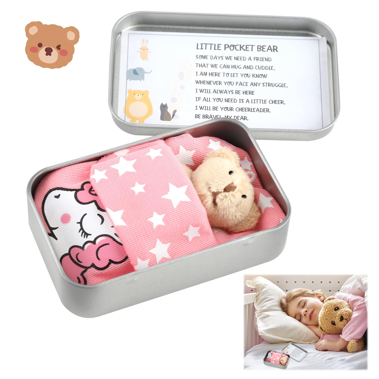 SMCEHEYA Little Pocket Bear Hug, Teddy Bear in a Tin Box, Pocket Hug Plush Toys, Get Well Soon Gifts, First Day at School