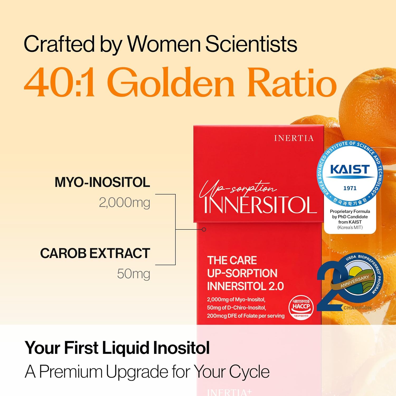 INERTIA+ The Care Up-sorption INNERSITOL Ready-to-Drink Inositol Supplement for Women, 40:1 Myo & D-Chiro Inositol, Hormone Balance & Ovarian Function Support, Folic Acid, Orange Flavor (14 Sticks)