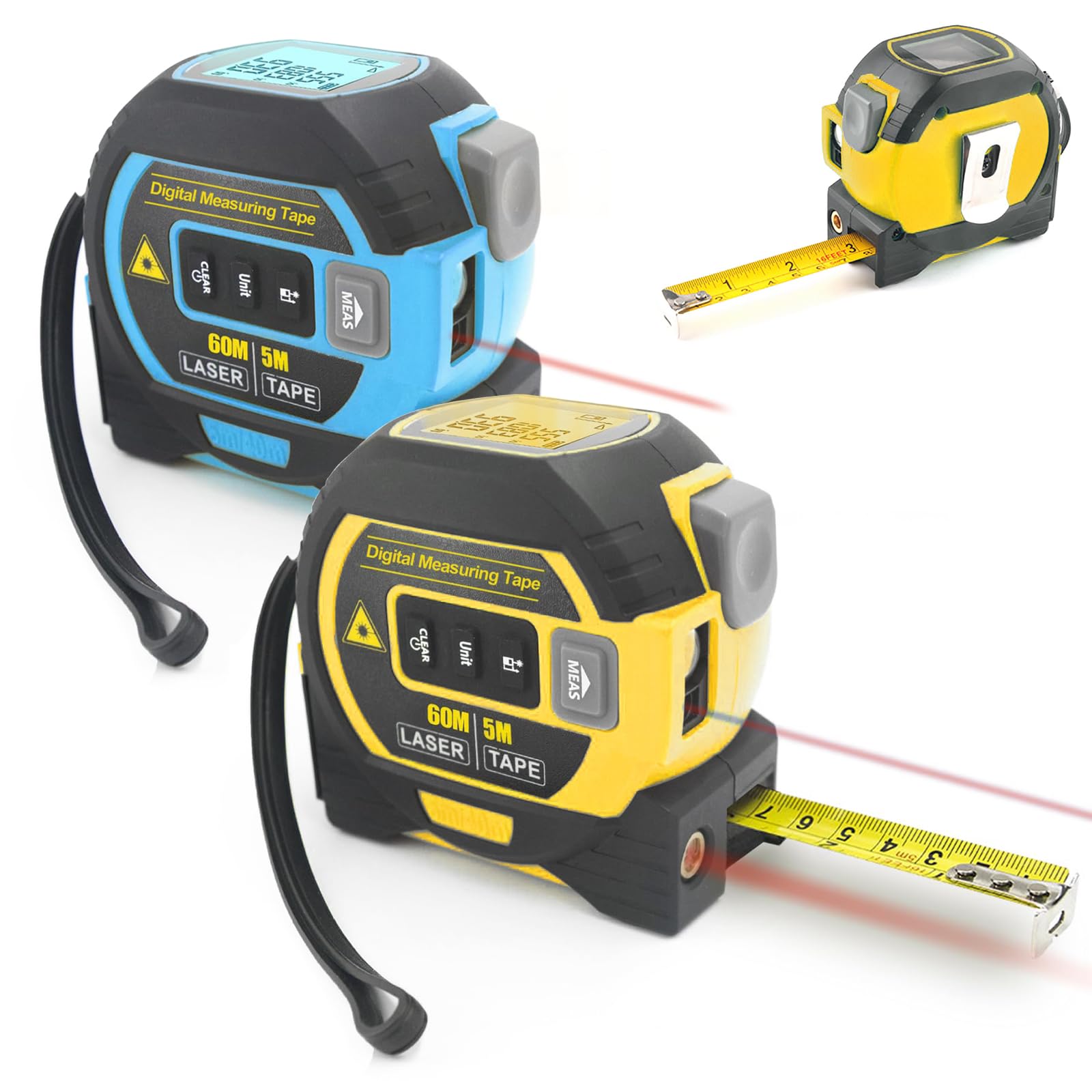 Almighty Ruler 3-in-1 Digital Measuring Tape - LCD Backlight, 16Ft Tape, 135/196Ft Rangefinder, Data Storage, Durable ABS Case, Perfect for Home &amp; Professional Use（Yellow &amp; Blue）