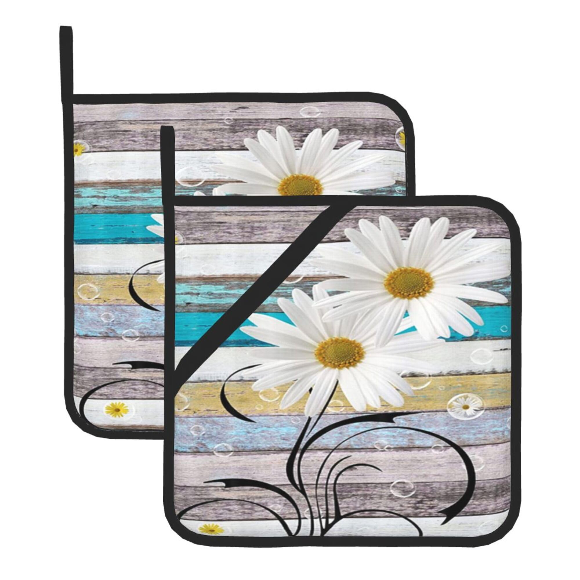 2 Pack Rustic Daisy Flower Spring Pot Holders with Hanging Loops,Contry Decor Potholder Set Heat Resistant Countertop for Kitchen Baking Chef Barbeque,Square,8x8 inch