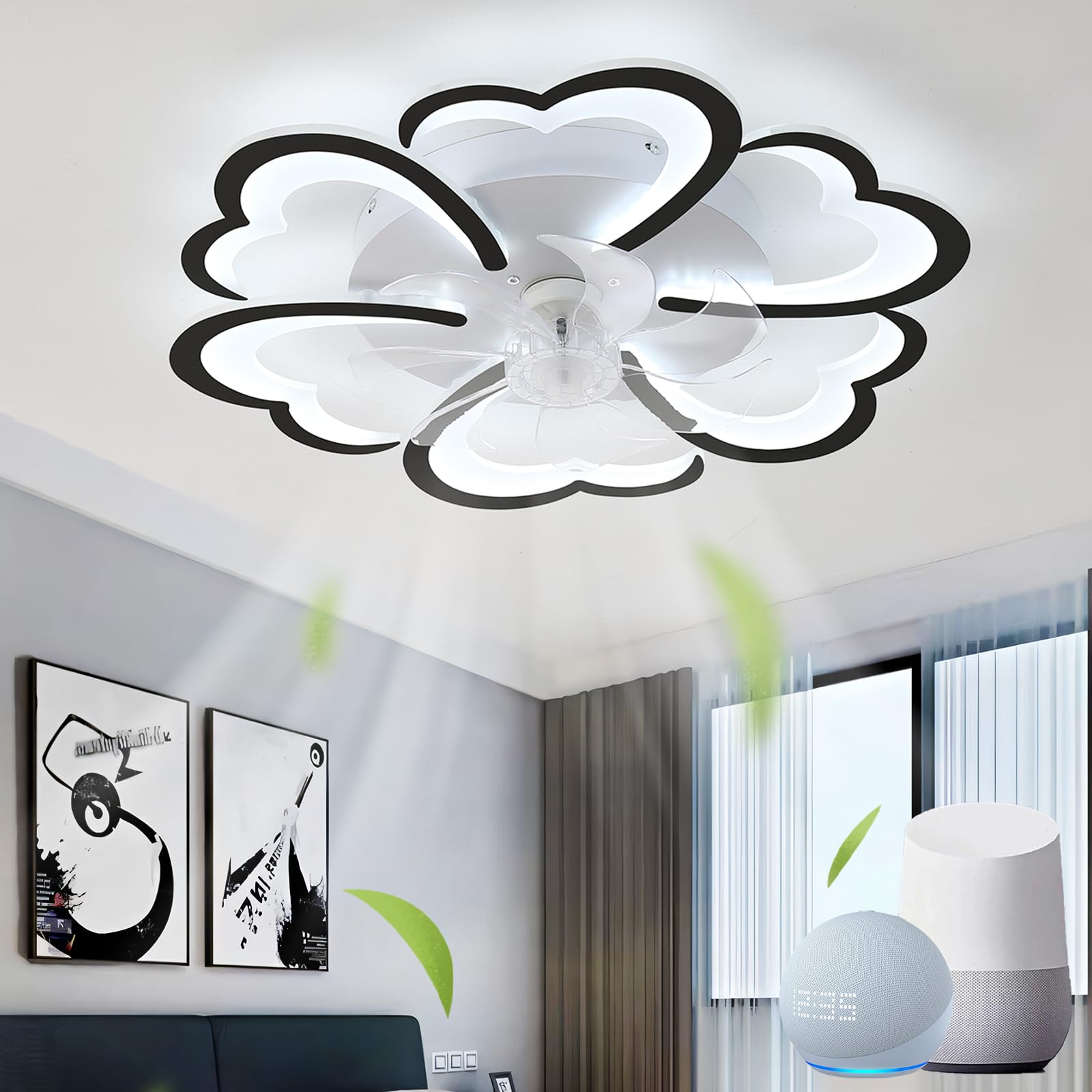 SXDMOUBK Reversible Ceiling Fans with Lights Dimmable Modern Flower Lounge Bedroom Fan Light Ceiling with Remote Control Silent Timer LED Alexa Ceiling Light with Fan for Kitchen