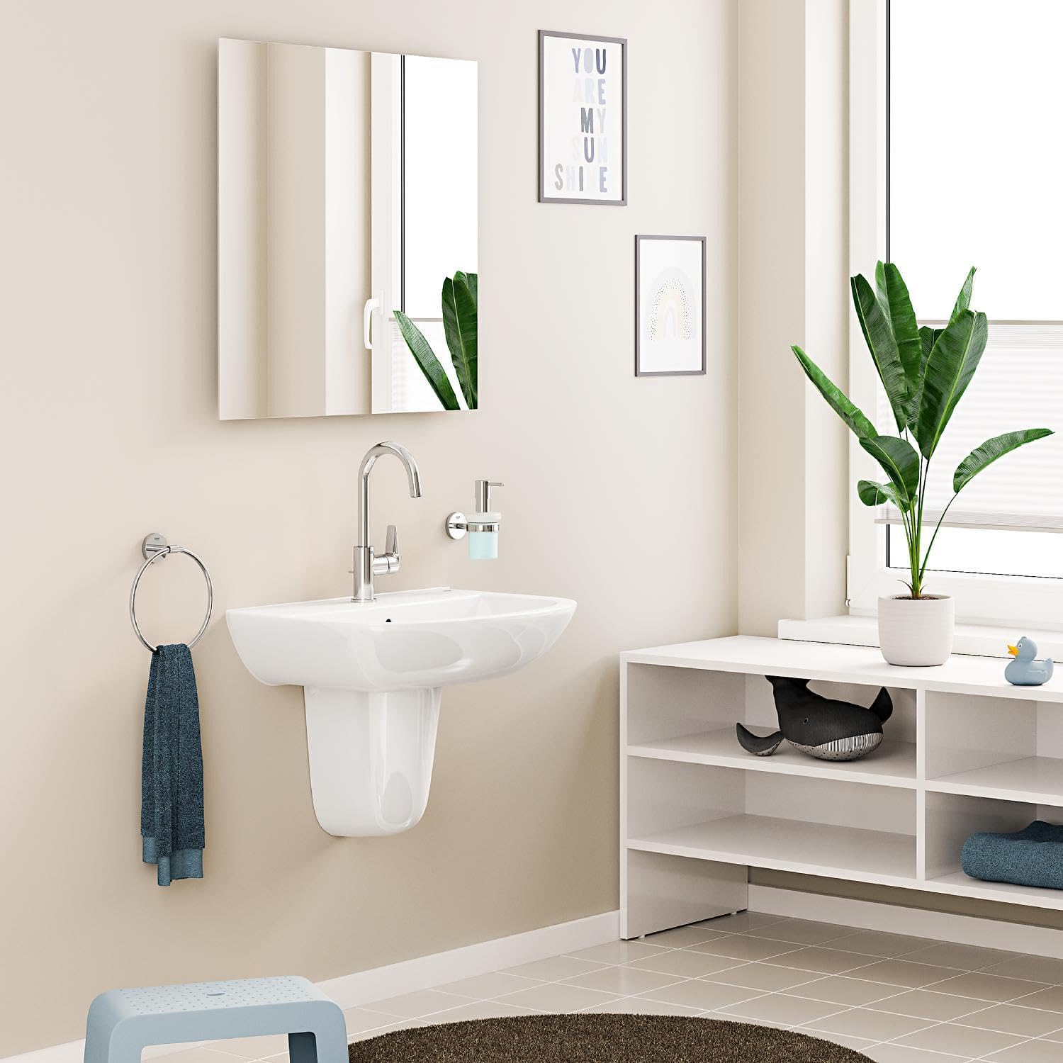 GROHE StartEdge, Waschtischarmatur hoch, wassersparend (Wasserhahn für das Bad, Badarmatur mit Zugstangen-Ablauf, 31cm hoch, mit 3in1 Werkzeug, einfache Installation am Waschbecken), chrom, 24201001