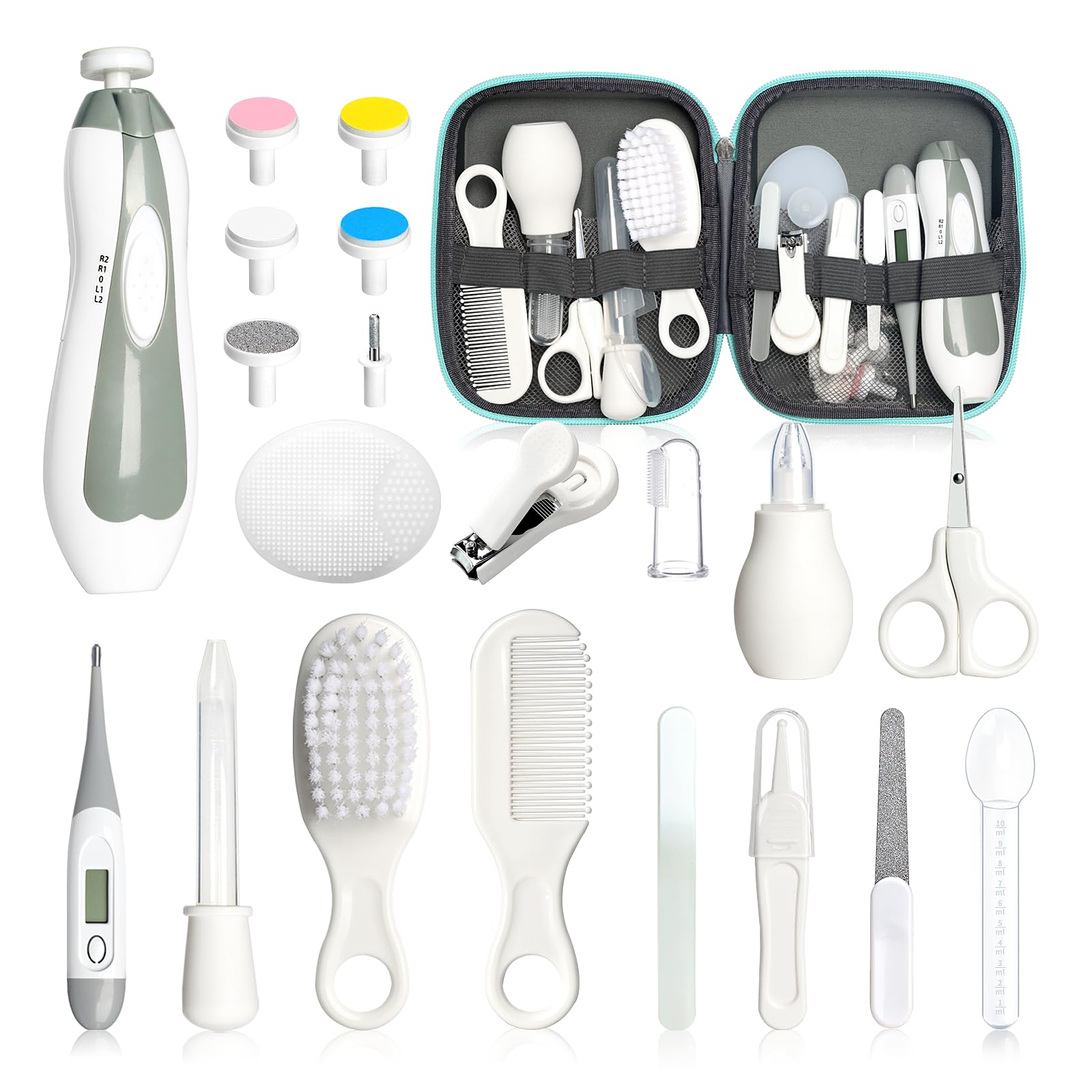 Kit de cuidado de la salud y aseo del bebé, 21 piezas, juego de cortaúñas eléctrico para recién nacidos, niños y niñas, herramientas de corte de pelo (21 kits gris blanco)