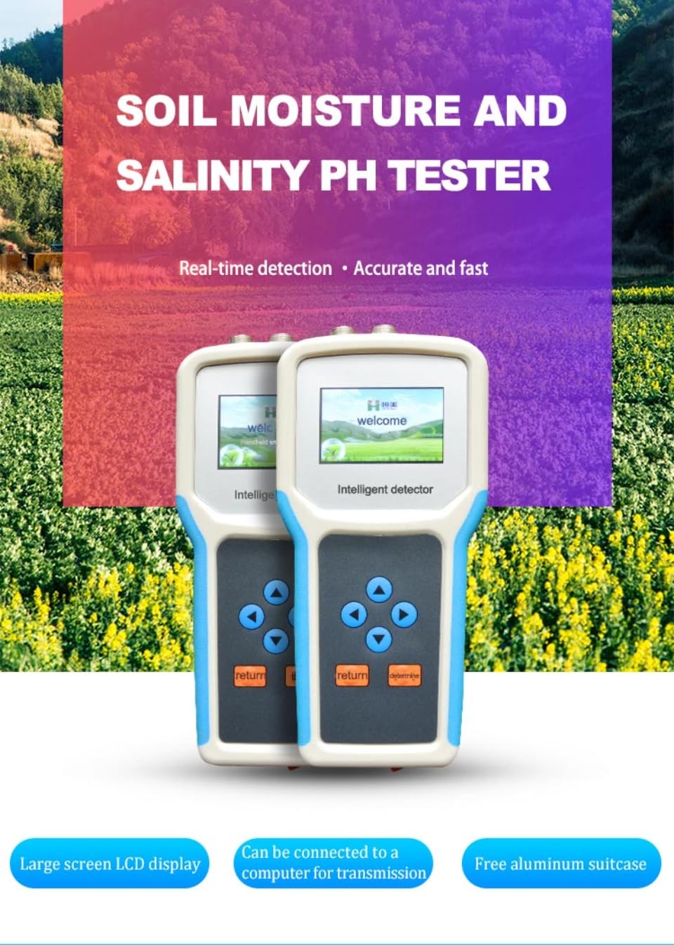 Soil Moisture Meter, 3-in-1 Soil Moisture Tester for Temperature, Moisture and Salinity - Handheld Soil Analyzer, Portable Farmland Sensor Kit for Agriculture, Horticulture & Landscaping