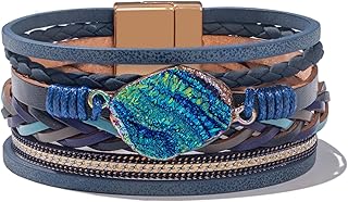Braided Leather Bangle Bracelets Boho Resin Stone Wrap Bracelets Stackable Cuff Bracelets with Magnetic Clasp for Women