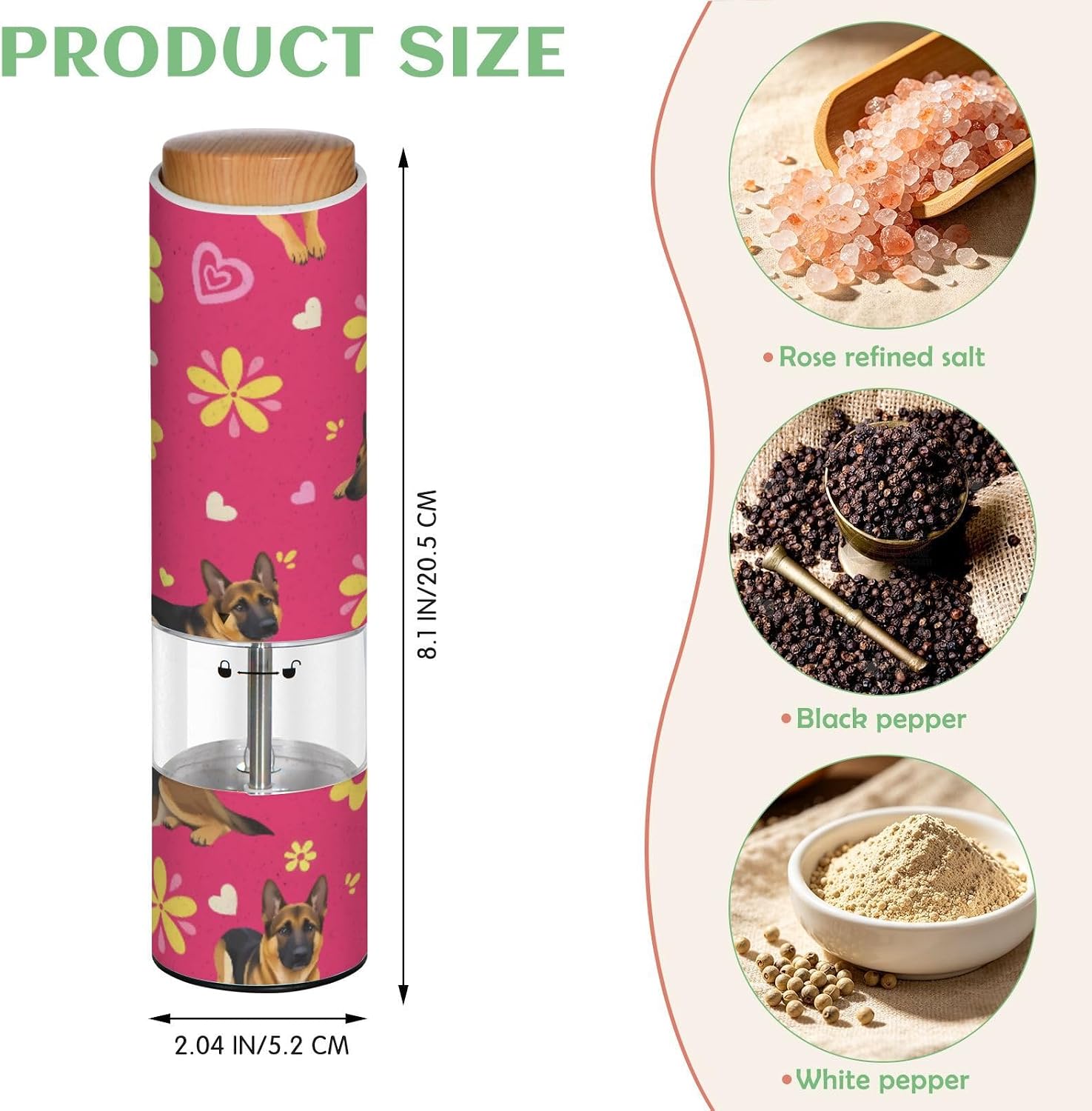 ALAZA Electric Pepper Grinder with Adjustable Coarseness, German Shepherd Yellow Flower Pattern Battery Automatic Salt and Pepper Mill with Led, One-Handed Operation Spice Grinder for Kitchen, Camping