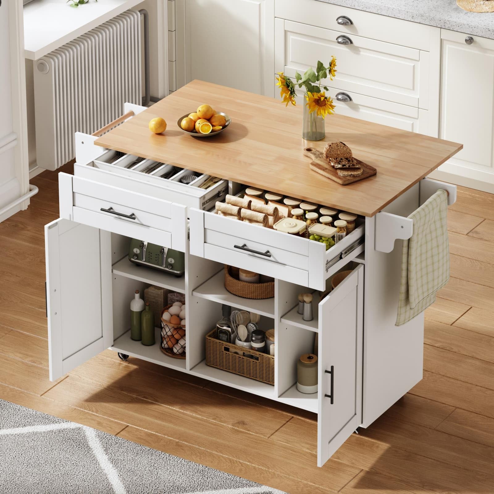 KOMHTOM ilot de Cuisine Moderne, Armoire de Cuisine, Chariot de Salle à Manger, Plateau de Table Pliable, 3 tiroirs, 2 Portes, étagère de Rangement et Porte-Serviettes (Blanc-10)