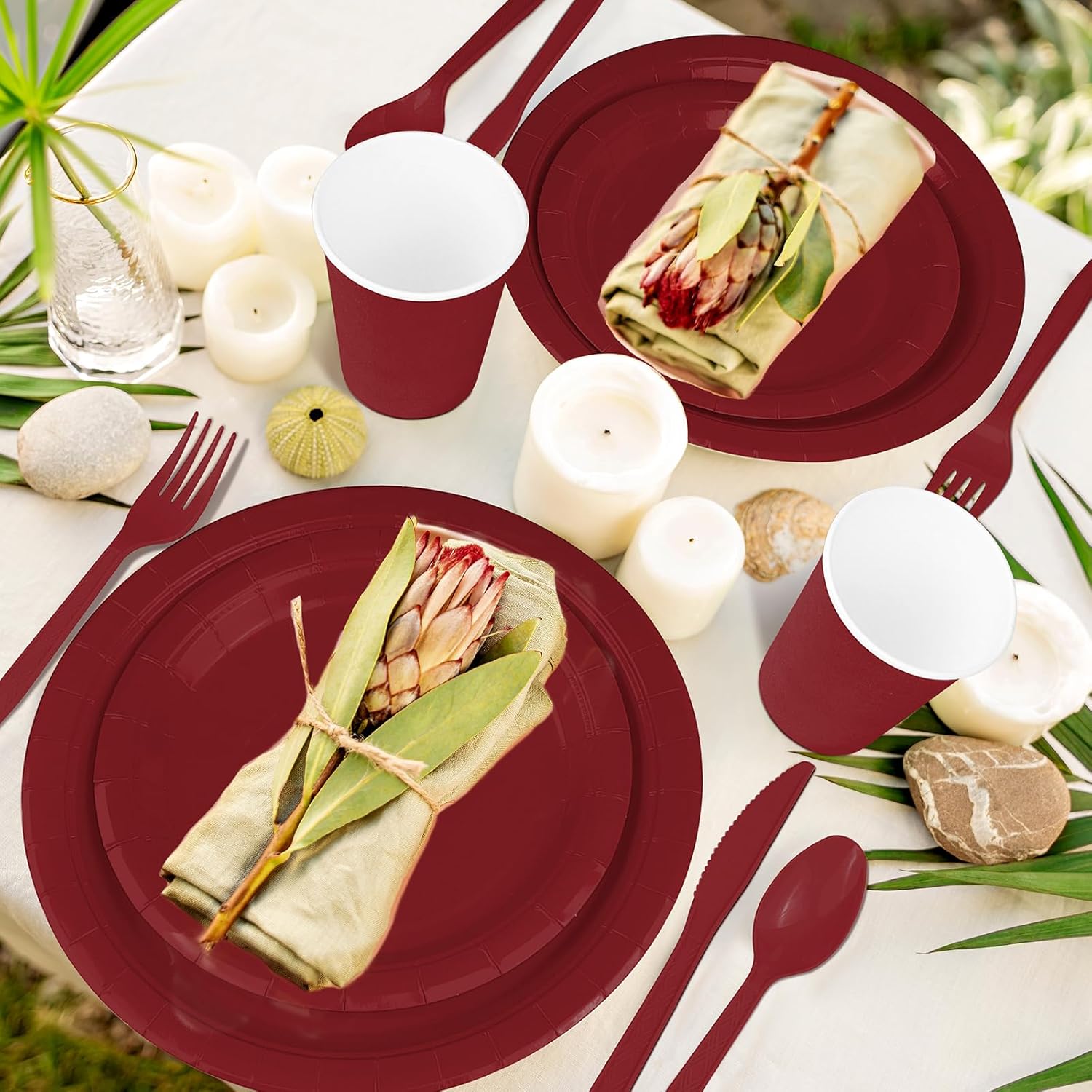 TWOWYHI 228PCS Burgundy Party Supplies Set Include Paper Plates Cups Paper Napkins Plastic Spoons Forks Knives for 30 Guests Disposable Party Dinnerware for Birthday Wedding Family Picnic