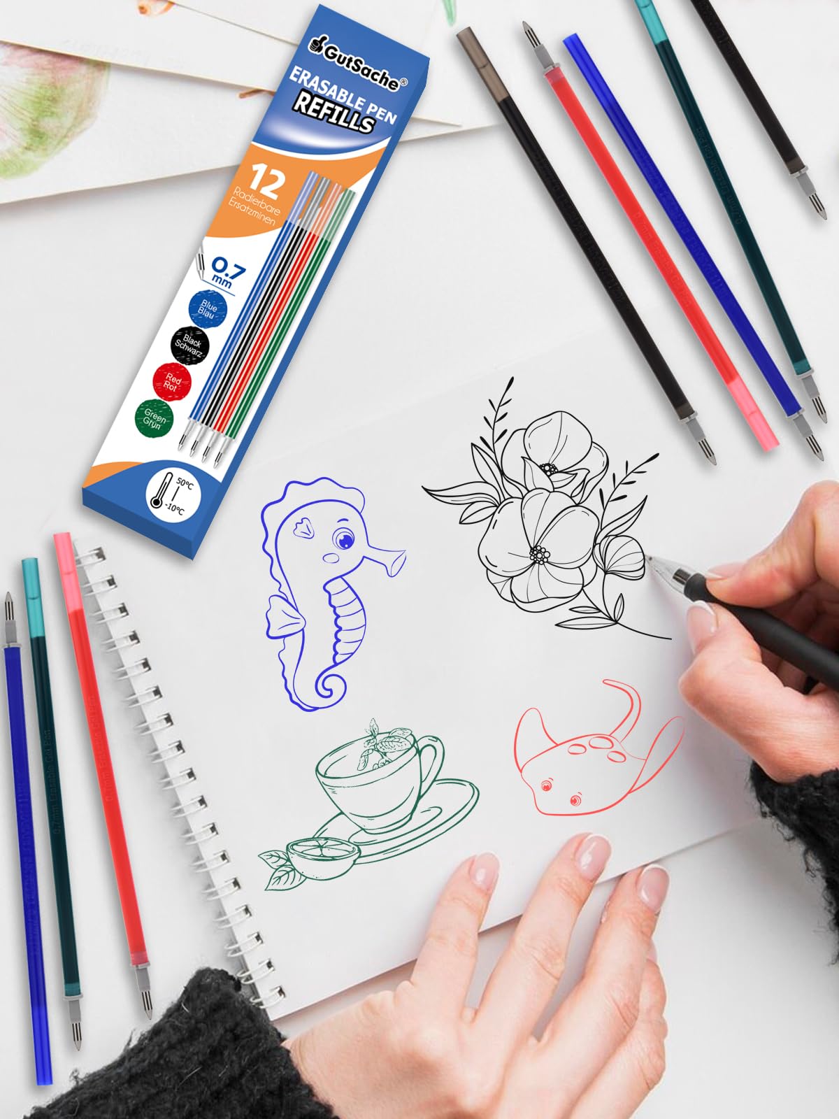 GutSache 12x uitwisbare vervangingsmijnen voor Legami, thermogevoelige inkt, wisbare inkt, kleurrijke uitwisbare gelpennen, ideaal voor kantoor/school/ creatief
