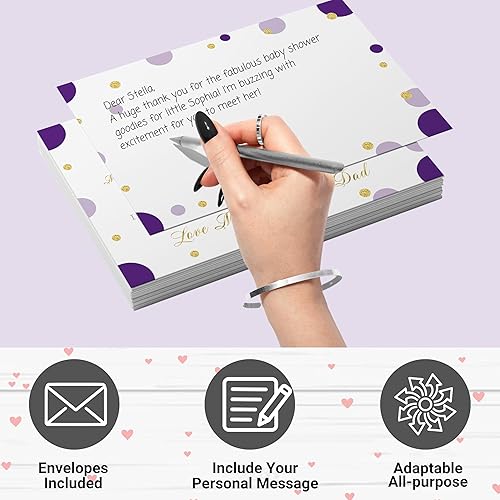 Miniatura 4 de Paper Clever Party Tarjetas de agradecimiento moradas y doradas para baby shower con sobres, notas en blanco con mensaje precargado, personaliza