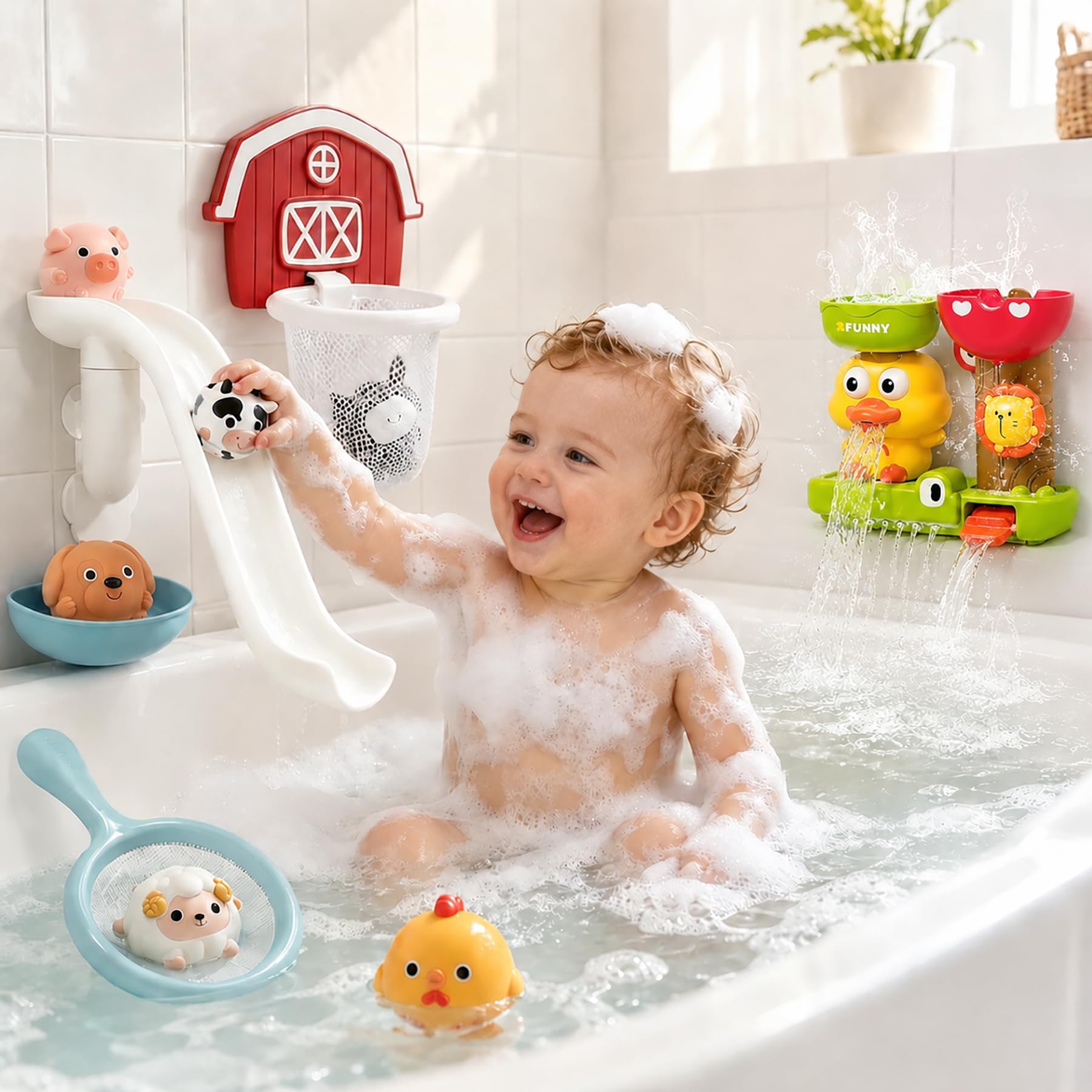Farm & Ducky Bath Toys for Toddlers 1-3, 6 No-Hole Animal Set with Water-Powered Squirting Duck & Spinning Lion, Slide & Basketball Hoop, Sensory Bathtub Water Play Set