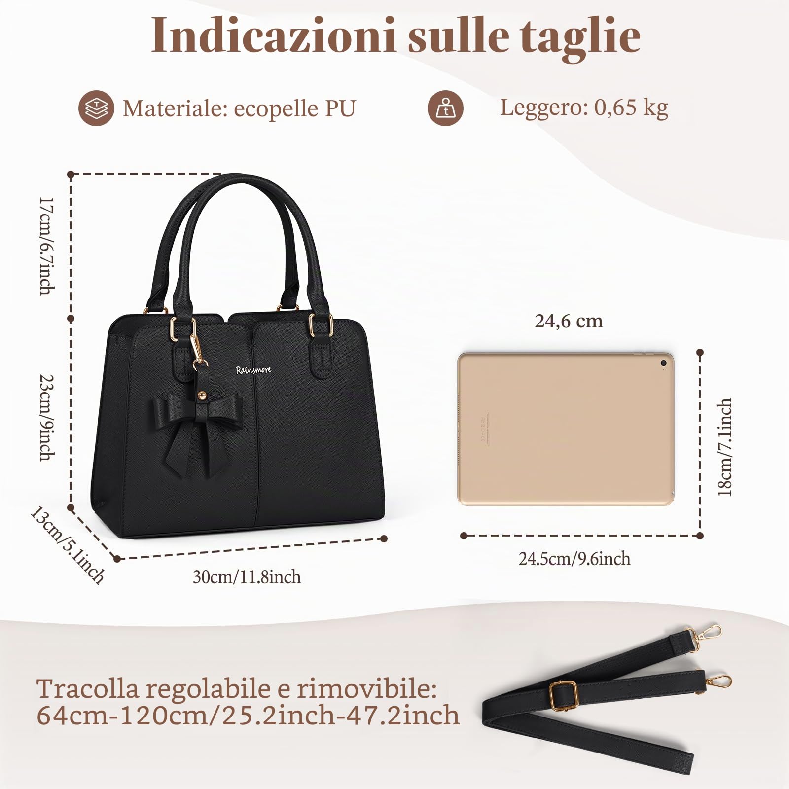 RAINSMORE Borsa Donna in Pelle PU Impermeabile Borsa a Mano con Antifurto Tasca Borse a Tracolla Borsetta Elegante con Fiocco Media Crossbody Tote Bag per Lavoro Shopping Scuola