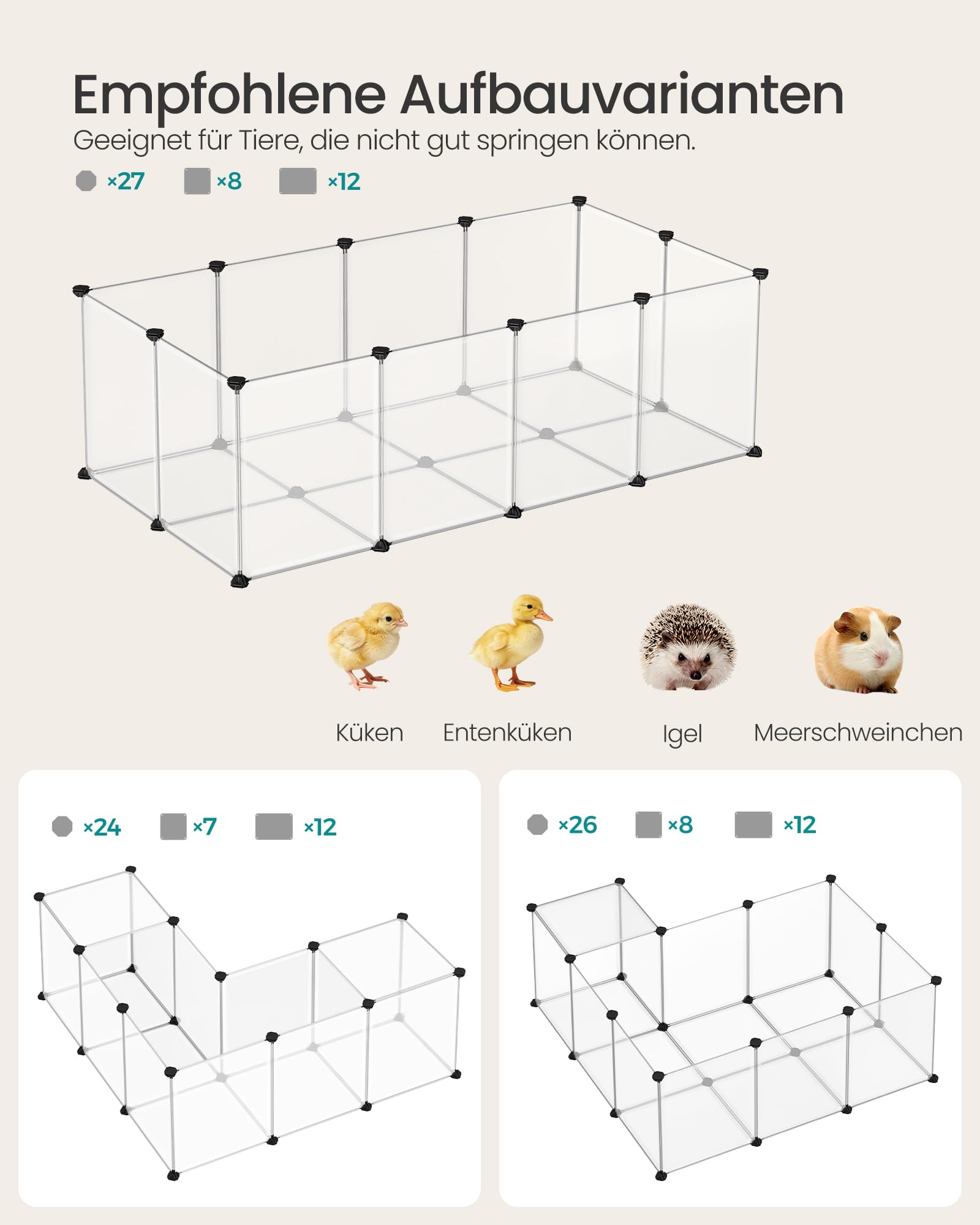 SONGMICS Freigehege mit Bodenplatten, Laufstall, Meerschweinchen Gehege, aus Kunststoff, Gehege für Hamster, Kaninchen, Igel, 140 x 70 x 45 cm, weiß LPC02W