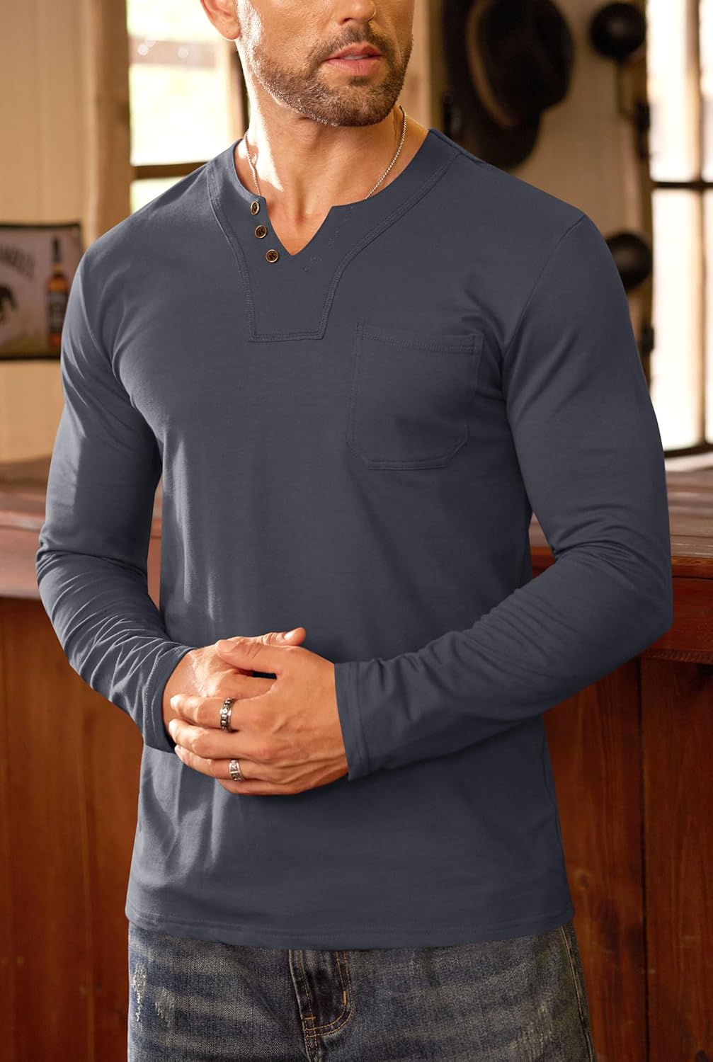 Mens V Neck Shirts Long Sleeve Casual Soft Cotton Slim Fit T-Shirt (S-XXL) - Image 7