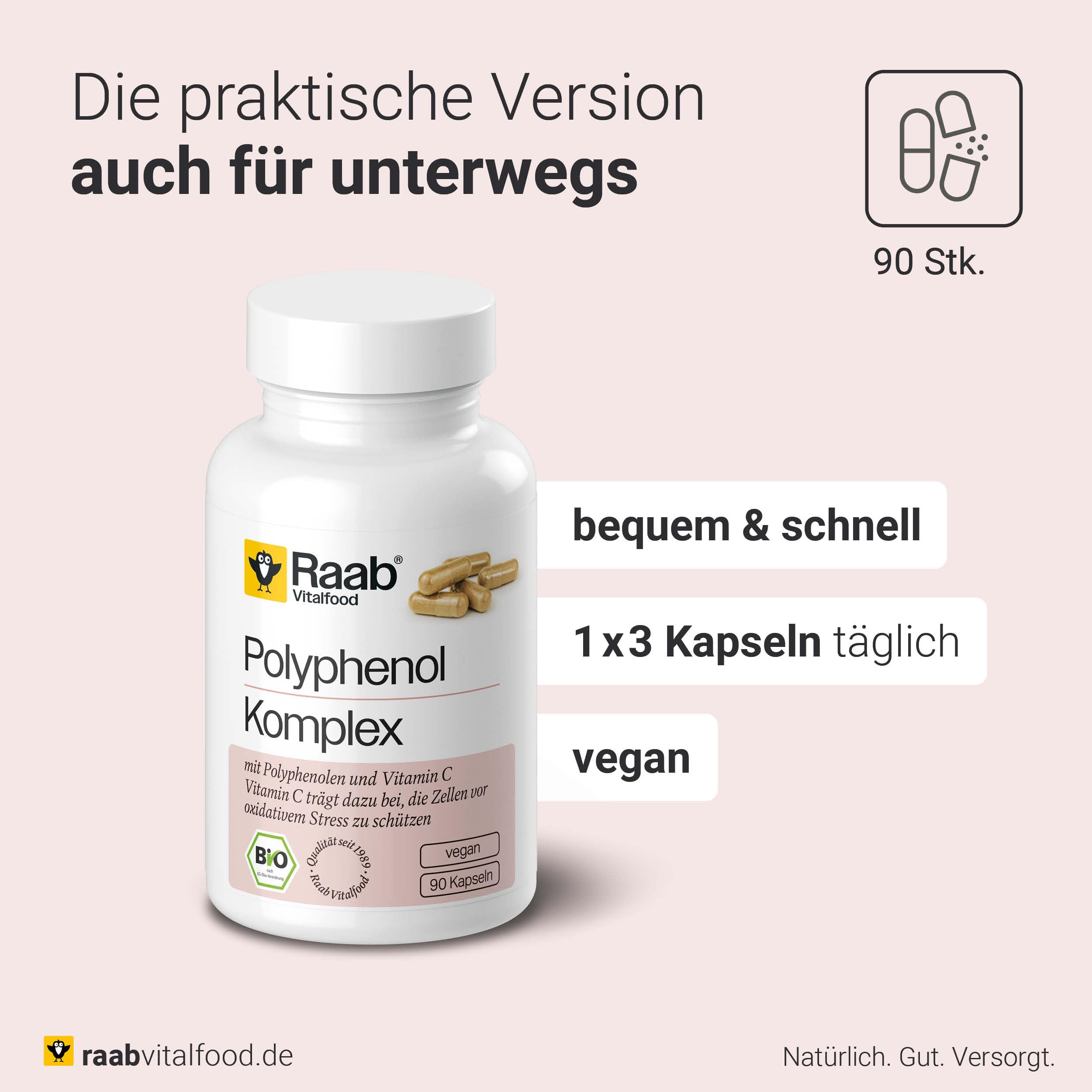 Raab Vitalfood® Bio Polyphenol Komplex Kapseln (90 Stück) - mit 270 mg Polyphenolen pro Tag und mit natürlichem Vitamin C aus Acerola, das dazu beiträgt, die Zellen vor oxidativem Stress zu schützen.