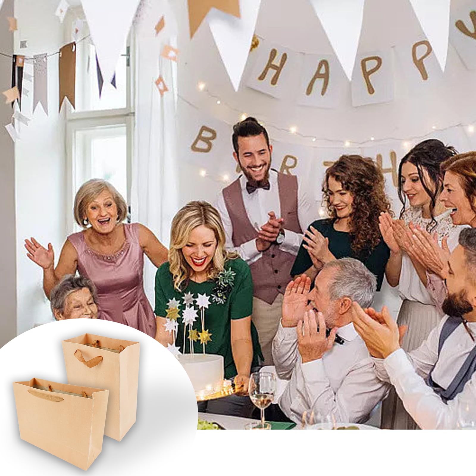 12 x Sacs en papier, Sacs cadeaux avec bord noir laminé mat, Sacs cadeaux en kraft avec poignées pour anniversaire, mariage, Noël, fête, shopping, baby shower, vente au détail, 35x13x26 cm (Marron)
