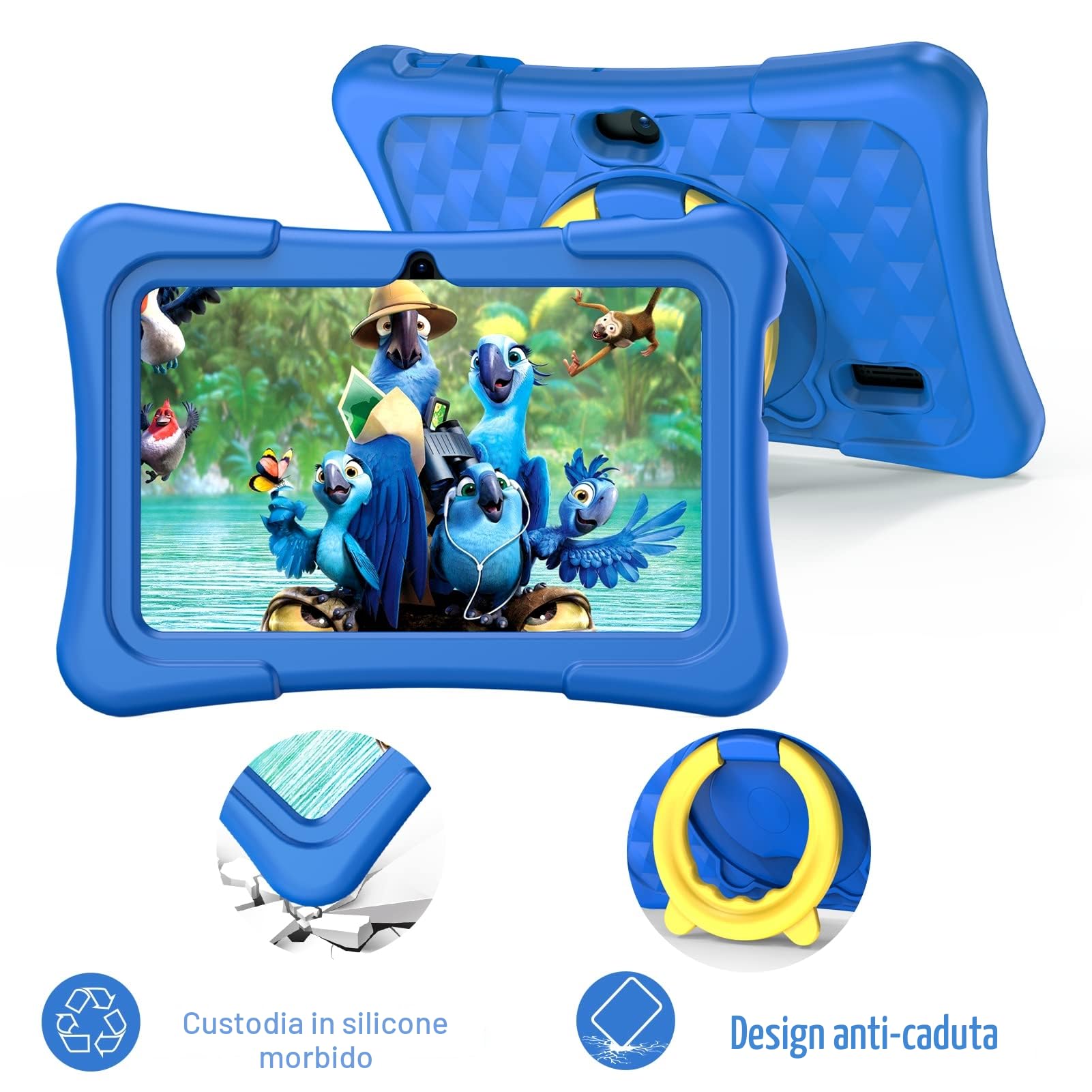 PRITOM Tablet per bambini 7 pollici Android 11, 2 GB RAM 32 GB ROM BT WiFi Doppia fotocamera Giochi educativi Controllo genitori Software con custodia per tablet di tipo C blu