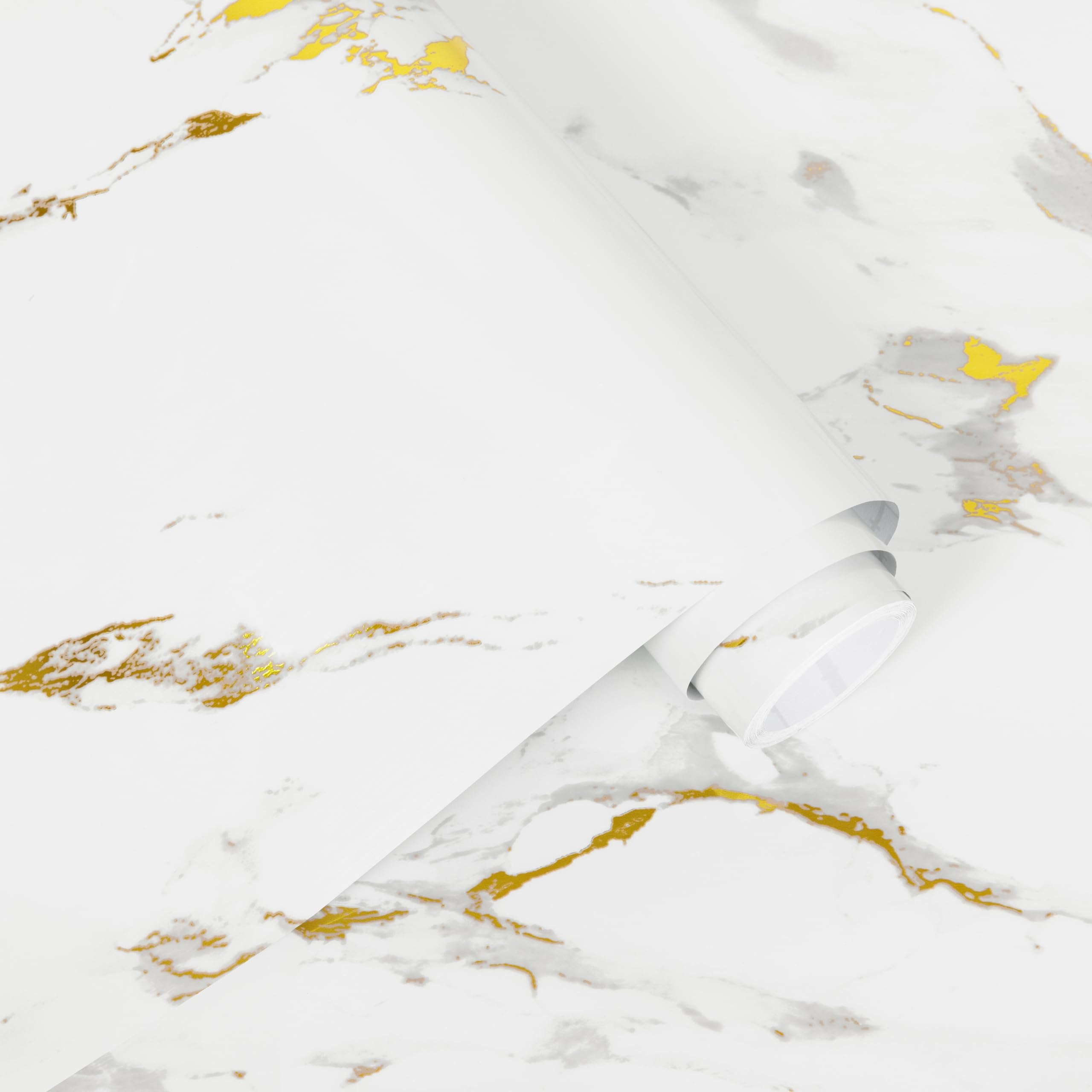 Alened Sticky Back Plastic Roll 40x300cm, Marble Vinyl Wrap Self Adhesive Wallpaper, White Gold Marble Peel and Stick Waterproof Removable Vinyl Film for Kitchen Cupboard Furniture Walls