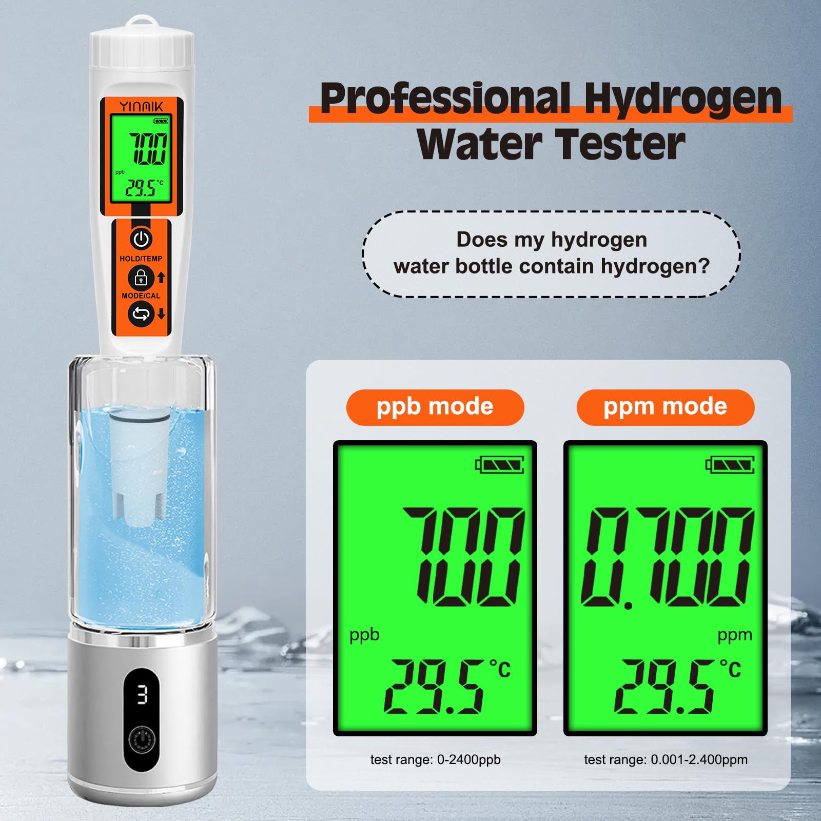 Wasserstoff Wassertester, YINMIK Wasserstoff Wasserflasche, Digitales 4 in 1 pH ORP Messgerät und Wasserstoff Wasser ppb/ppm Messgerät, Professionell Verwendet für Wasserstoffreiche Wasserbecher