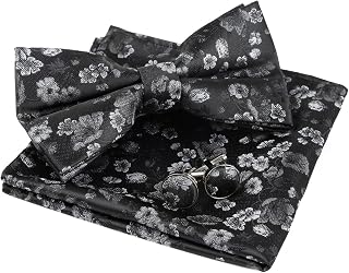 Mens Pre-tied Paisley or Floral Jacquard Bow Tie Handkerchief and Cufflinks Set