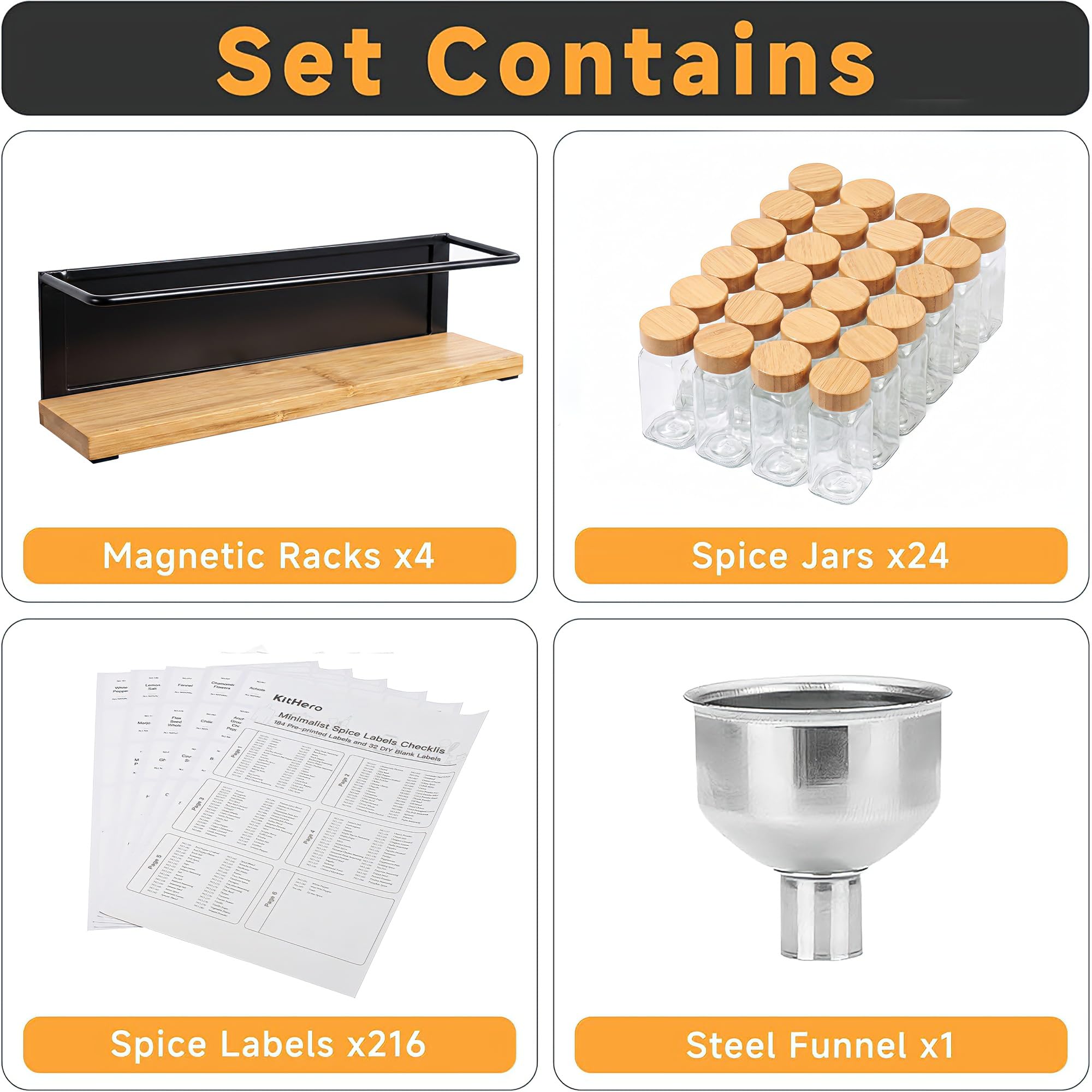 Magnetisches Gewürzregal aus Bambus für Kühlschrank, platzsparendes Komplett-Set mit 24 Bambusdeckel-Glasbehältern, 216 wasserdichten Etiketten & Stahltrichter, Kühlschrank-Gewürz-Organizer