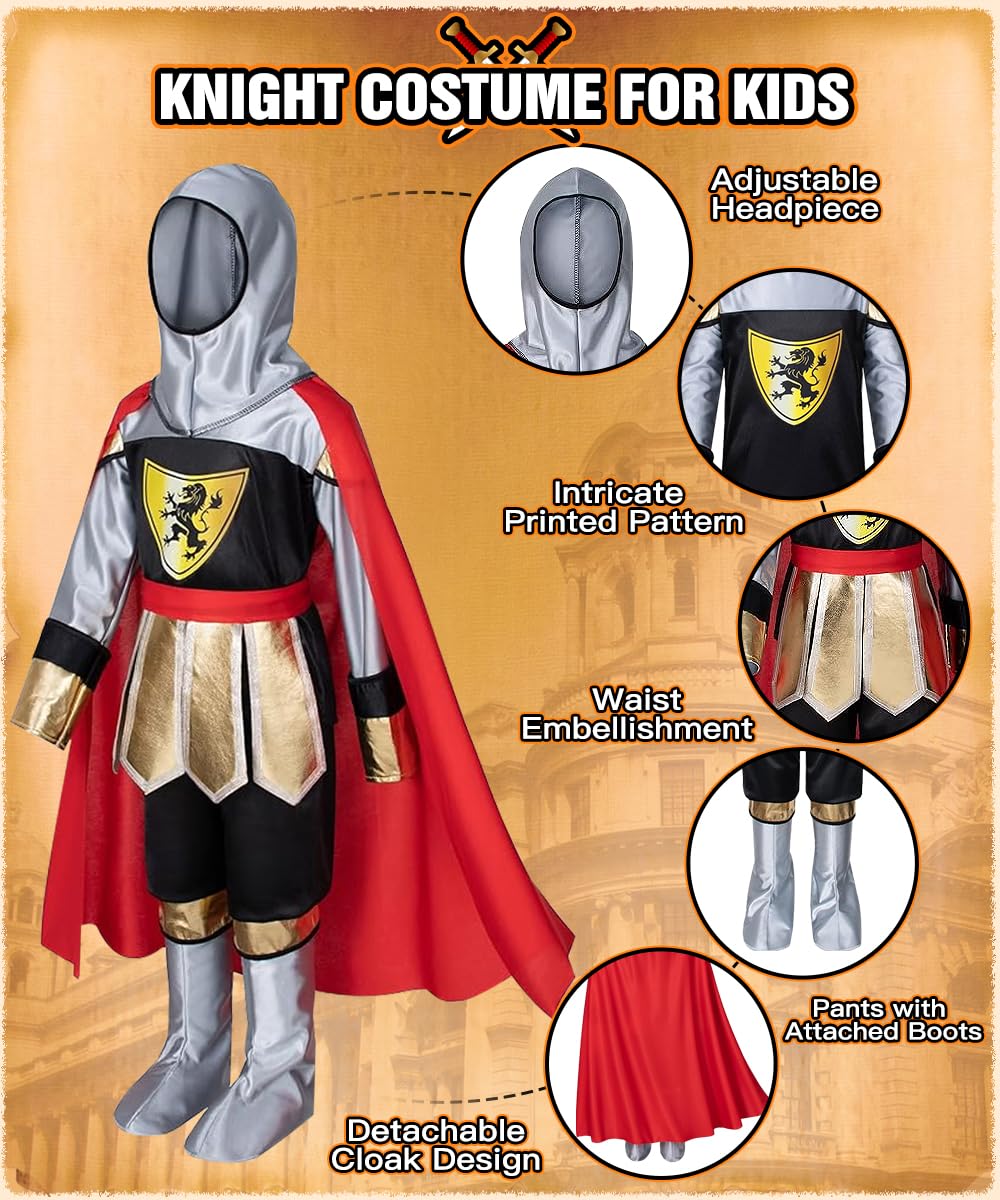 TOLOYE Disfraz Caballero Medieval Niño, Disfraz Romano Niño con Casco Espada Escudo Capa, Regalo para Niño, Disfraz Medieval Traje Medieval para Carnevale Cosplay Halloween Navidad Cumpleaños