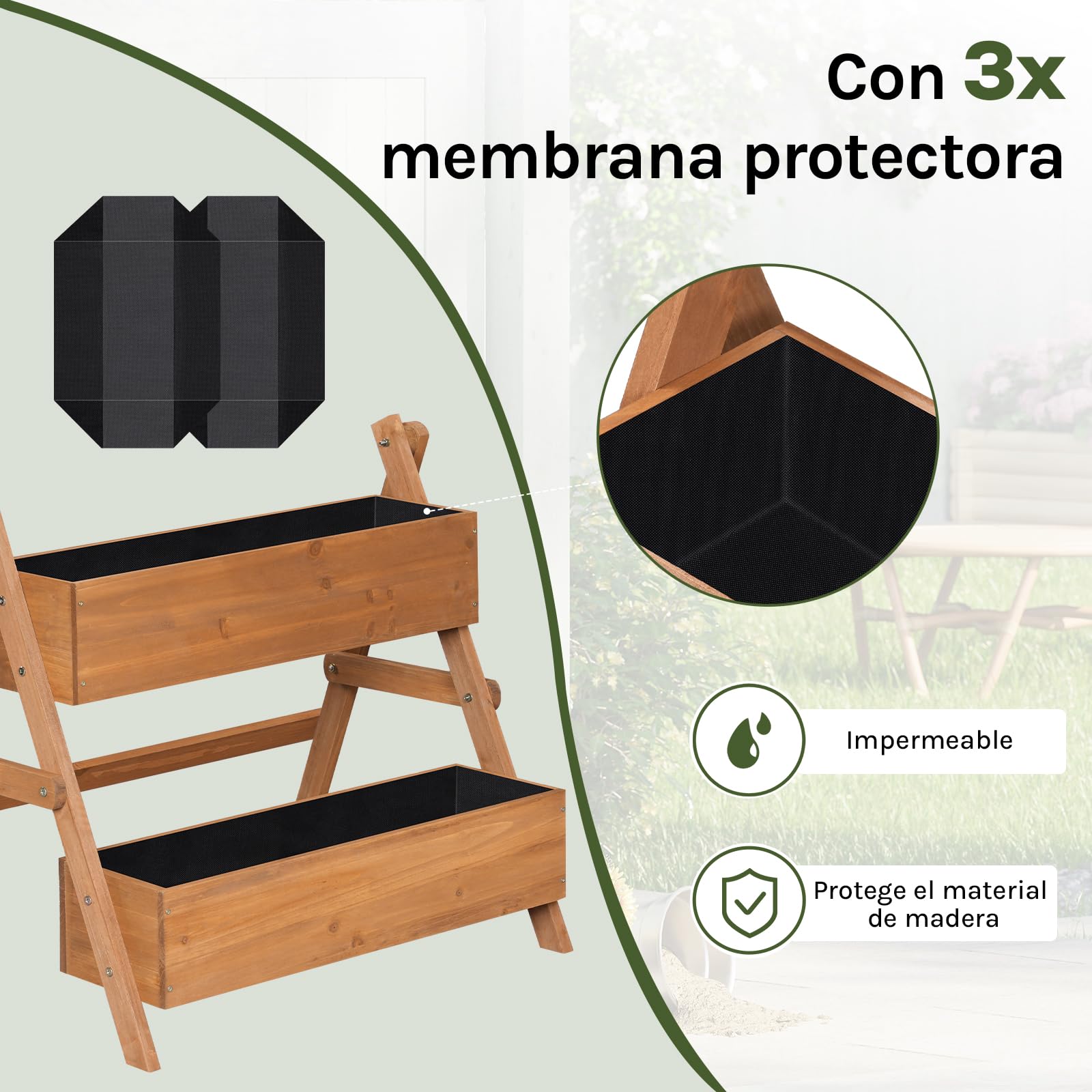 WOLTU Huerto Urbano Vertical de 2 Niveles, Jardineras Exteriores, Huerto Elevado con Estanterías para Verduras, Frutas y Flores, Maceta Madera de Plantas en Escalera, 80x62x68 cm, Marrón