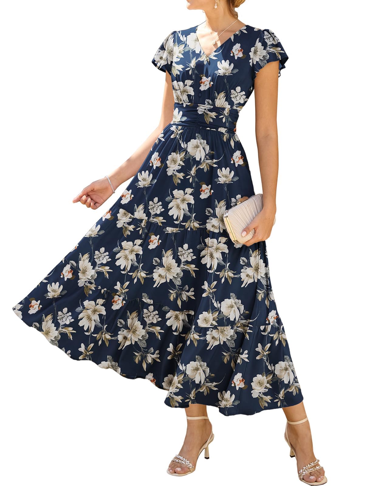 GRACE KARIN Damen Rüschenärmel V-Ausschnitt Midikleid A-Linie Blume Sommerkleid Mit Taschen