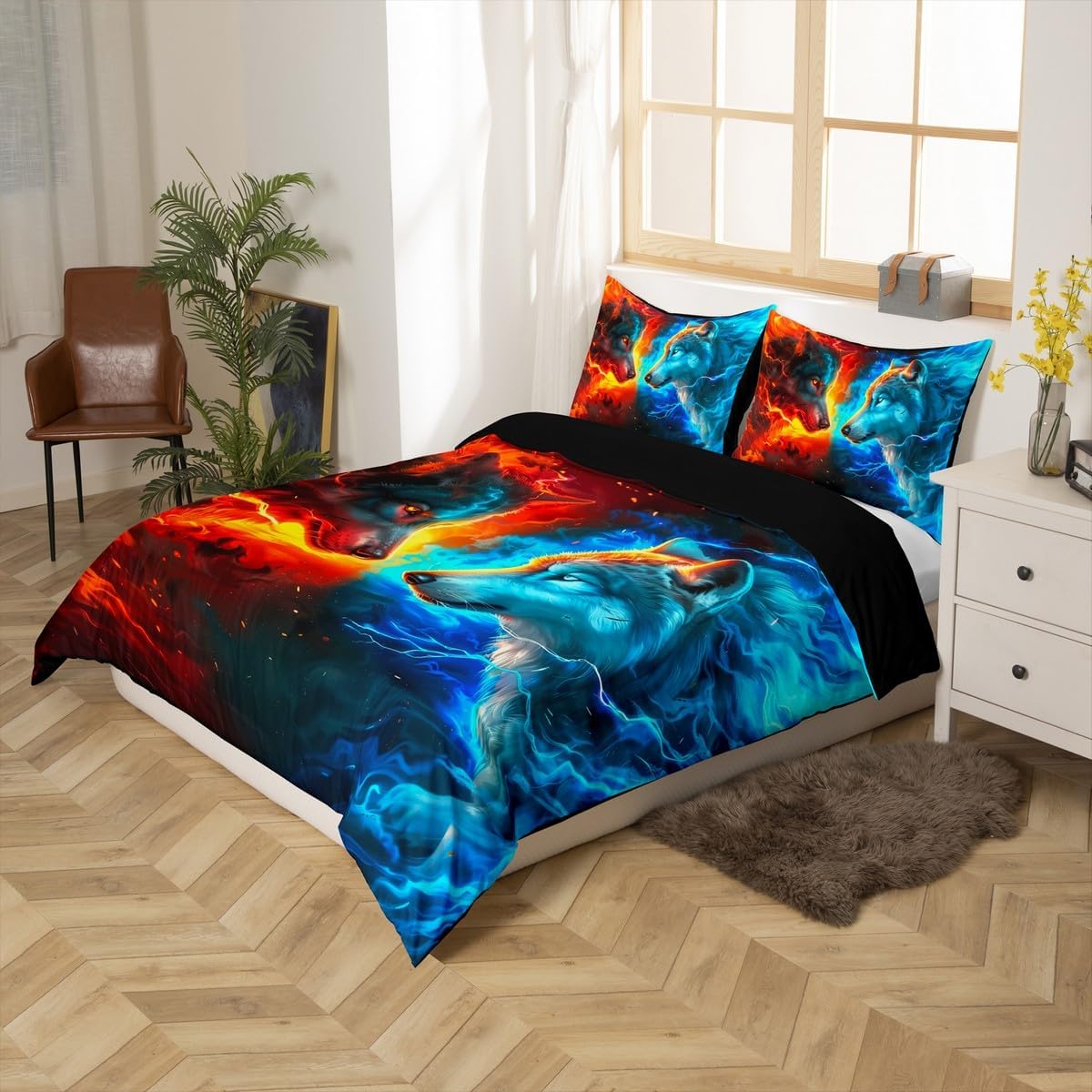 Castle Fairy Wolf Animal Duvet Cover Set Toddler Size Burning Flame Lightning Comforter Cover Fierce Wildlife Themed Bedding Set 2pcs for Kids Red Blue Bedspread Cover,Comforter Not Included