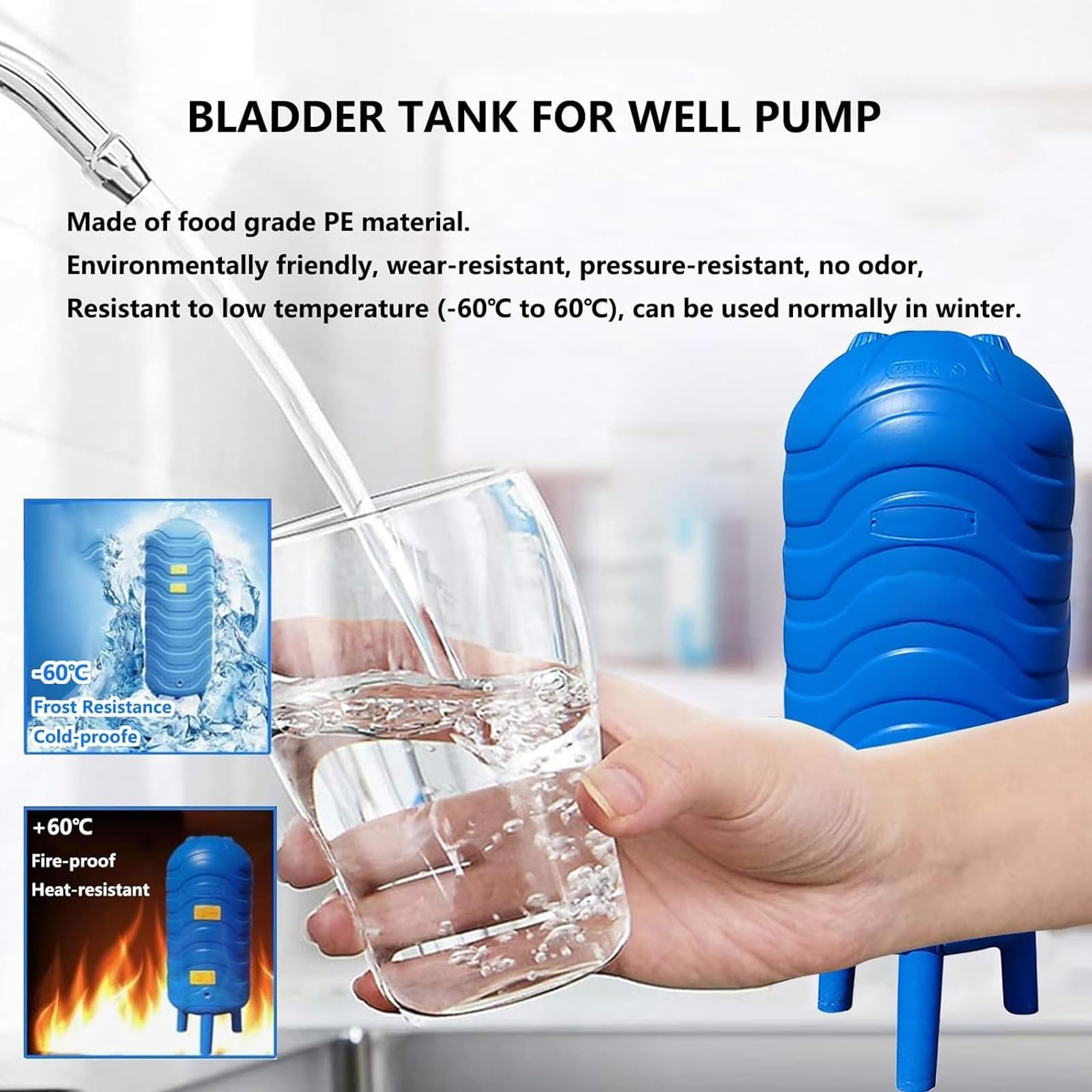 Tanque de presión de Agua, Tanque de Almacenamiento de Agua a presión de PE, Tanque de expansión de 250 L/66 galones para ósmosis inversa, Sistema automático de plástico con Kit de Montaje p