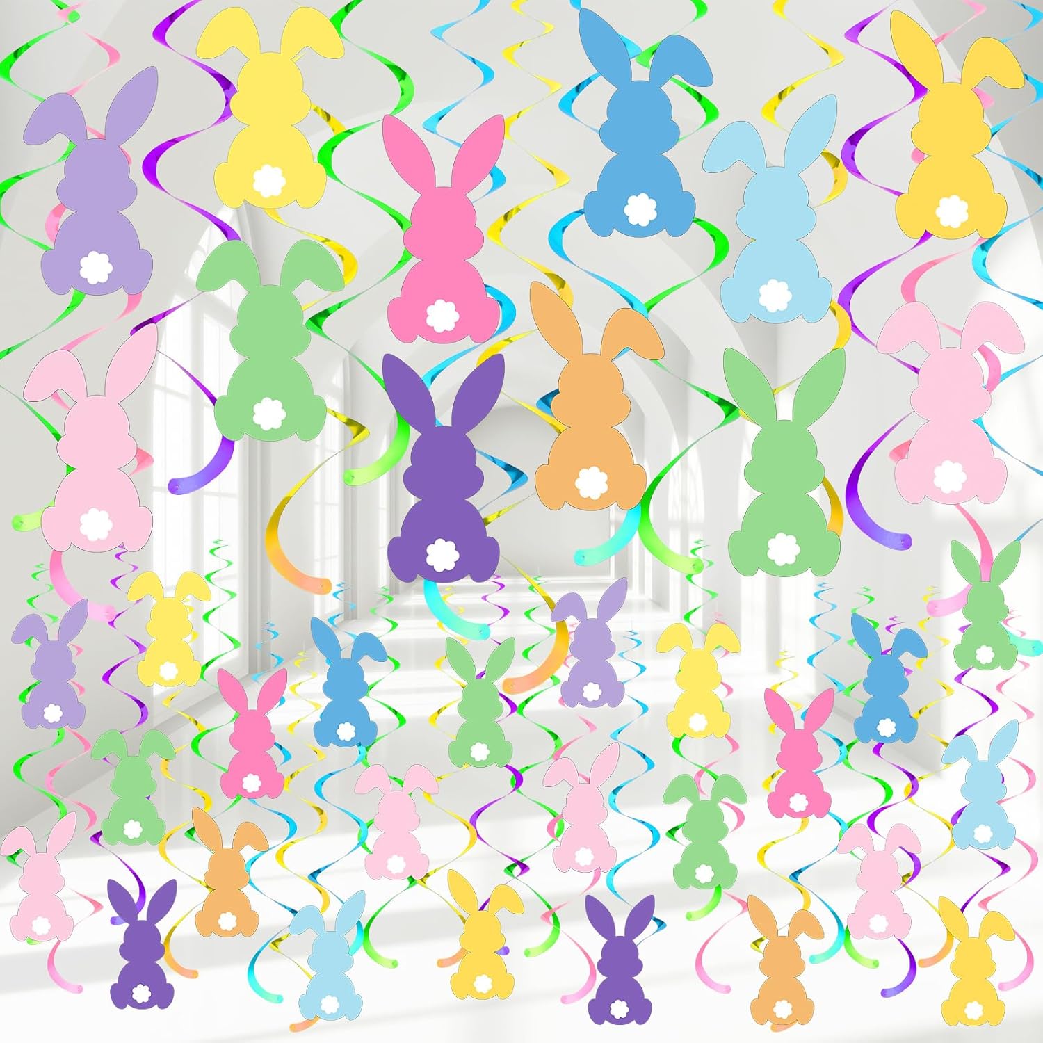 Janinka 72 Pcs Bunny Easter Hanging Swirl Decorations Happy Bunny Hanging Swirl Foil Decorations Colorful Easter Party Ornaments for Home Indoor Office Holiday Supplies Decor